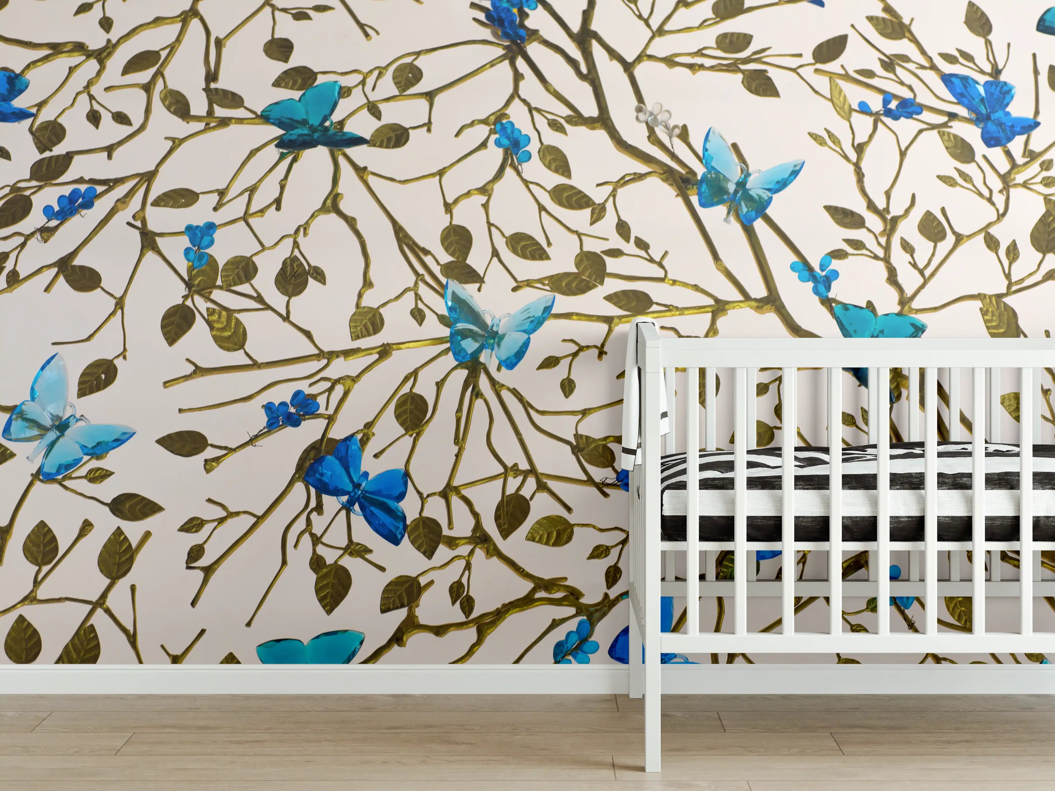 Babyzimmer Wandgestaltung - Blau-Goldenes Blumenmuster