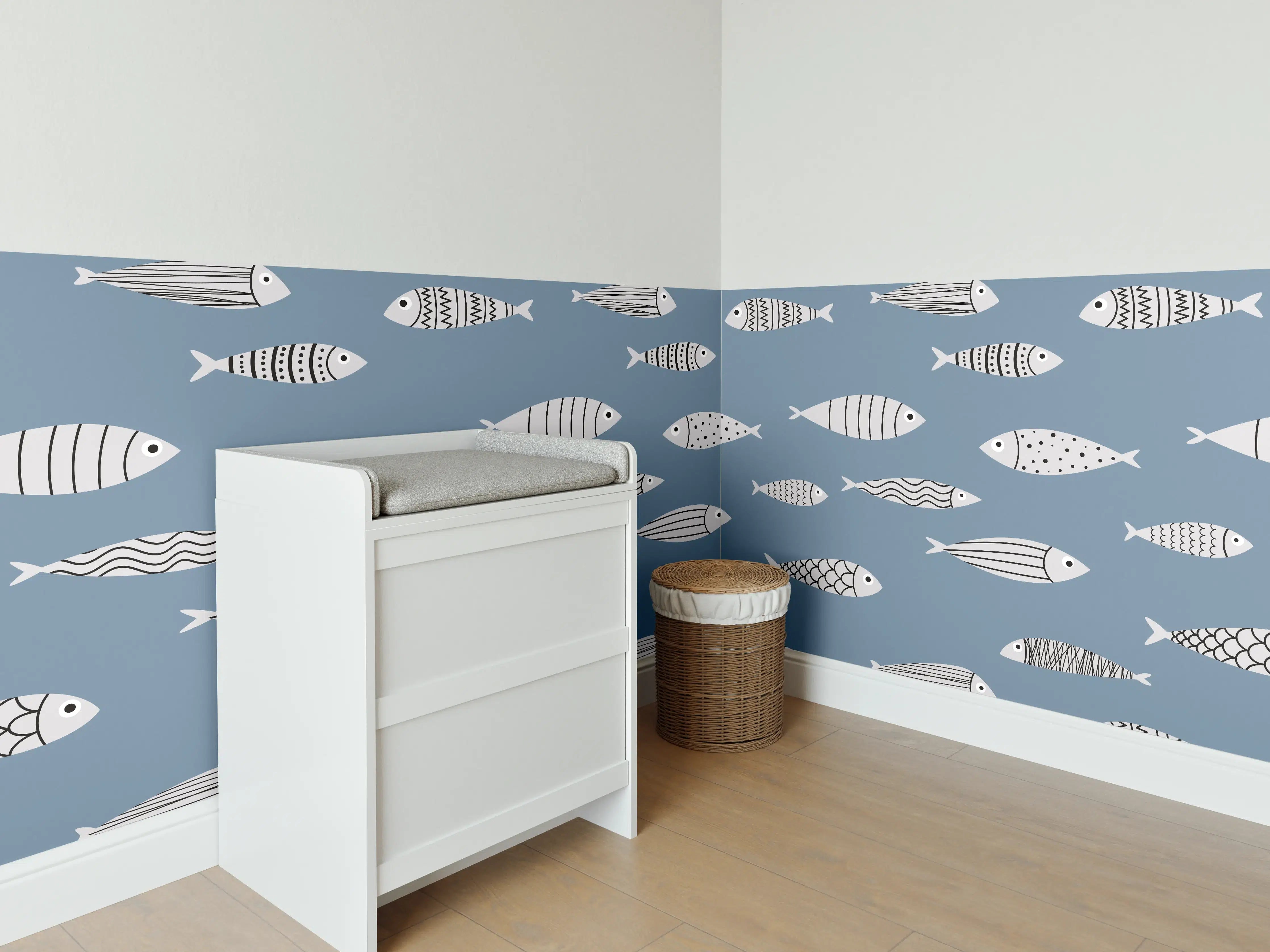 Babyzimmer Wandgestaltung - Blau-Weiß Fischmuster