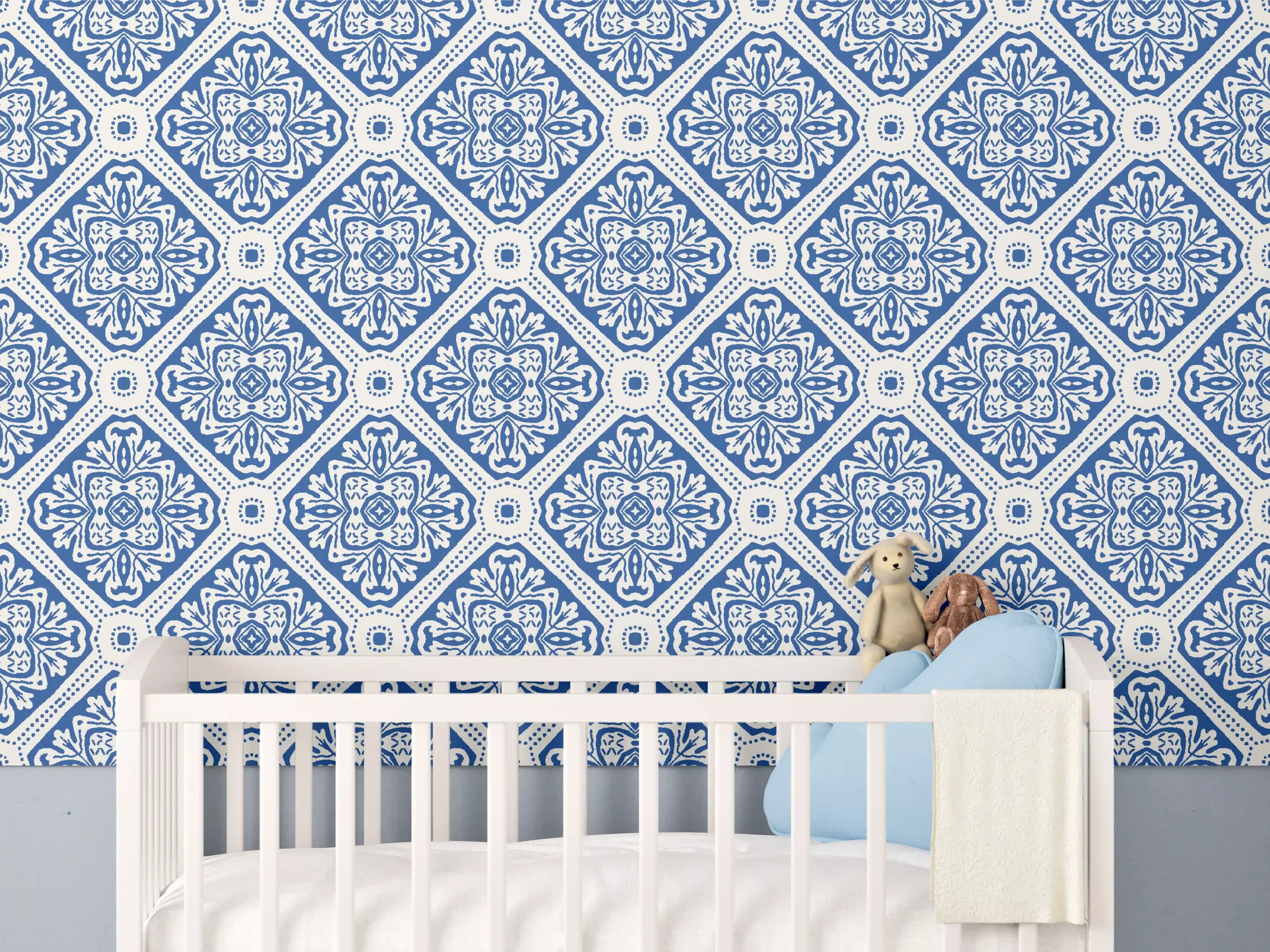 Babyzimmer Wandgestaltung - Blau-Weißes Grafikmuster