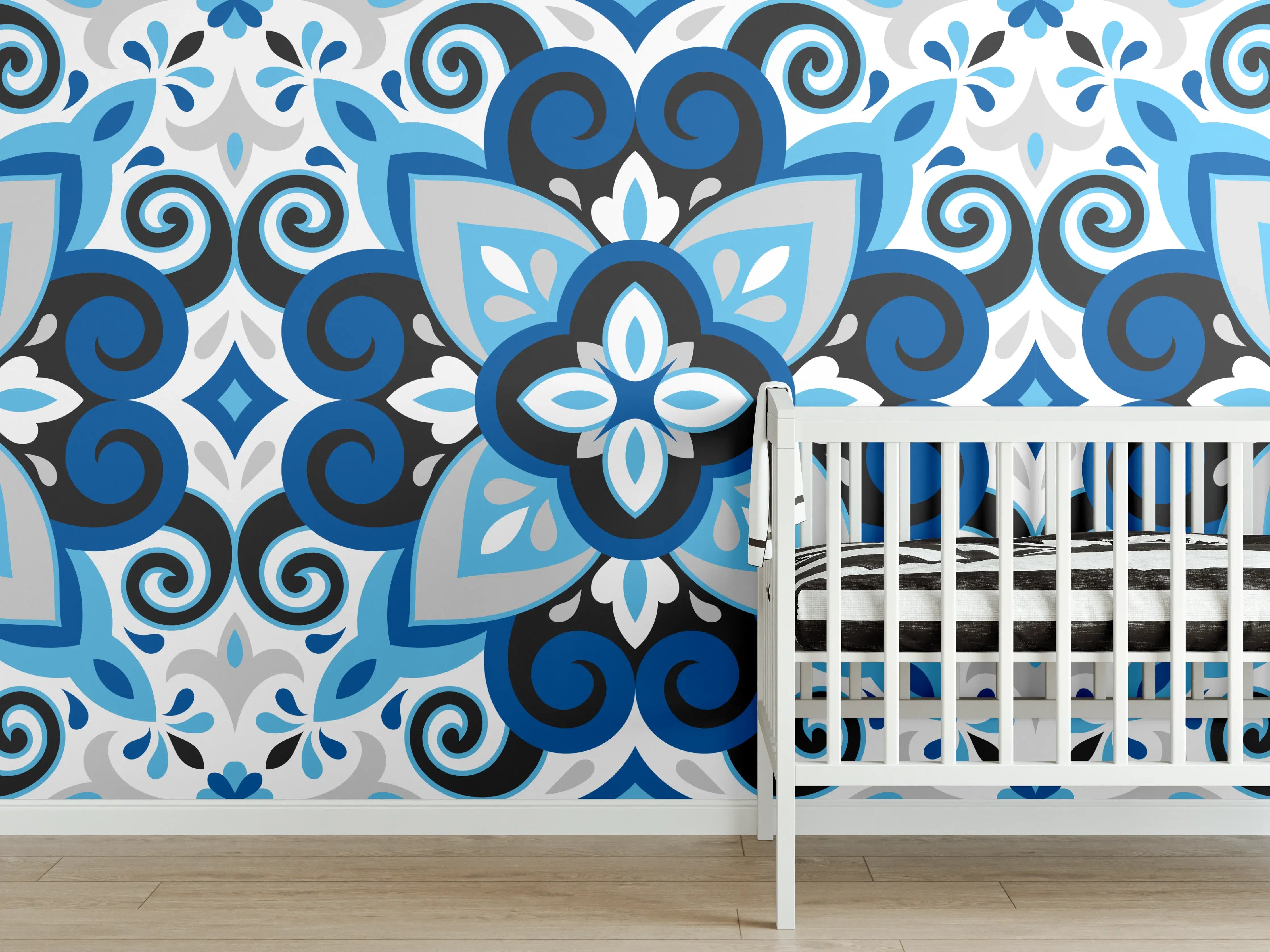 Babyzimmer Wandgestaltung - Blau-Weißes Mandala Fliesenmuster