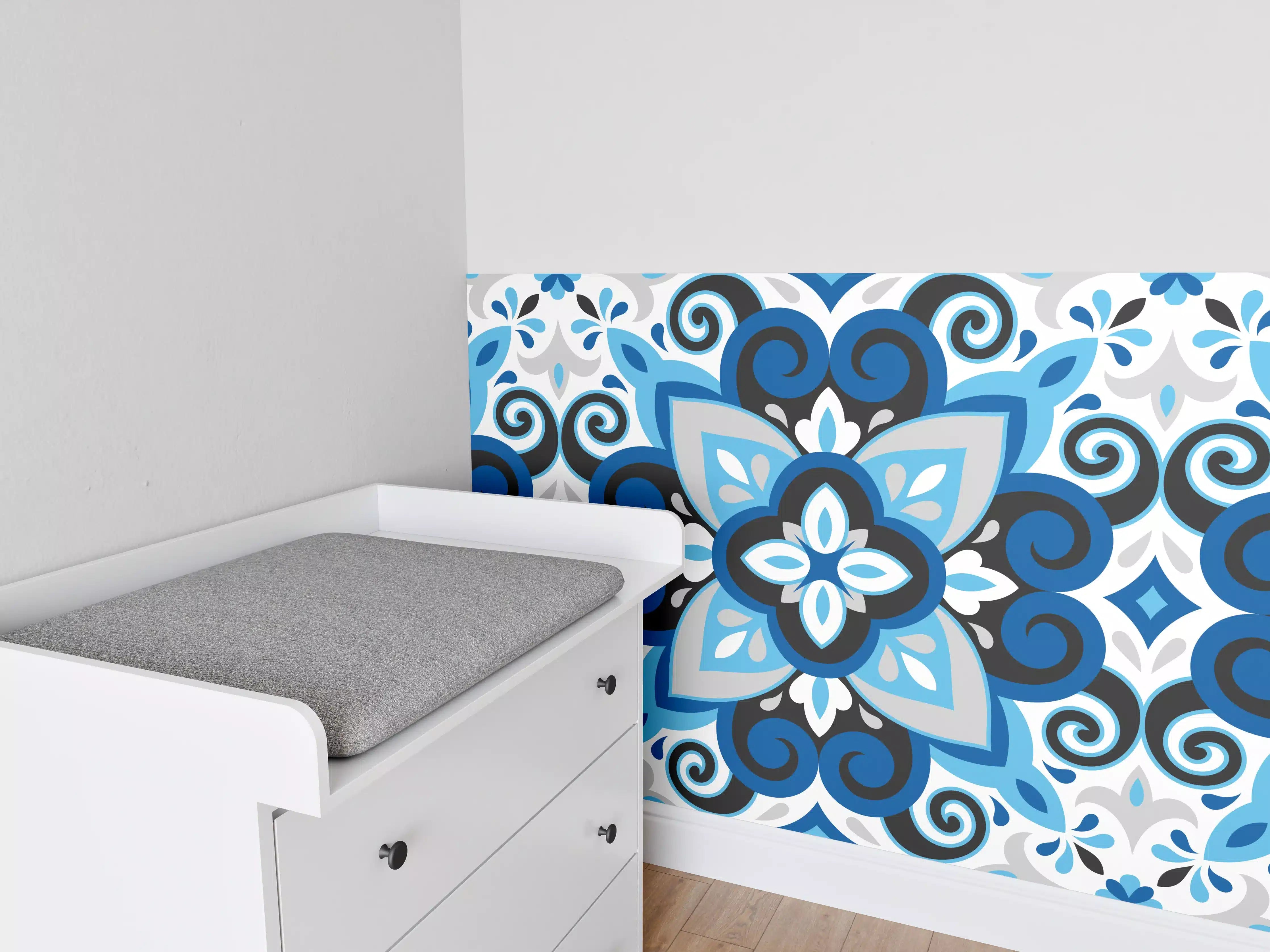Babyzimmer Wandgestaltung - Blau-Weißes Mandala Fliesenmuster