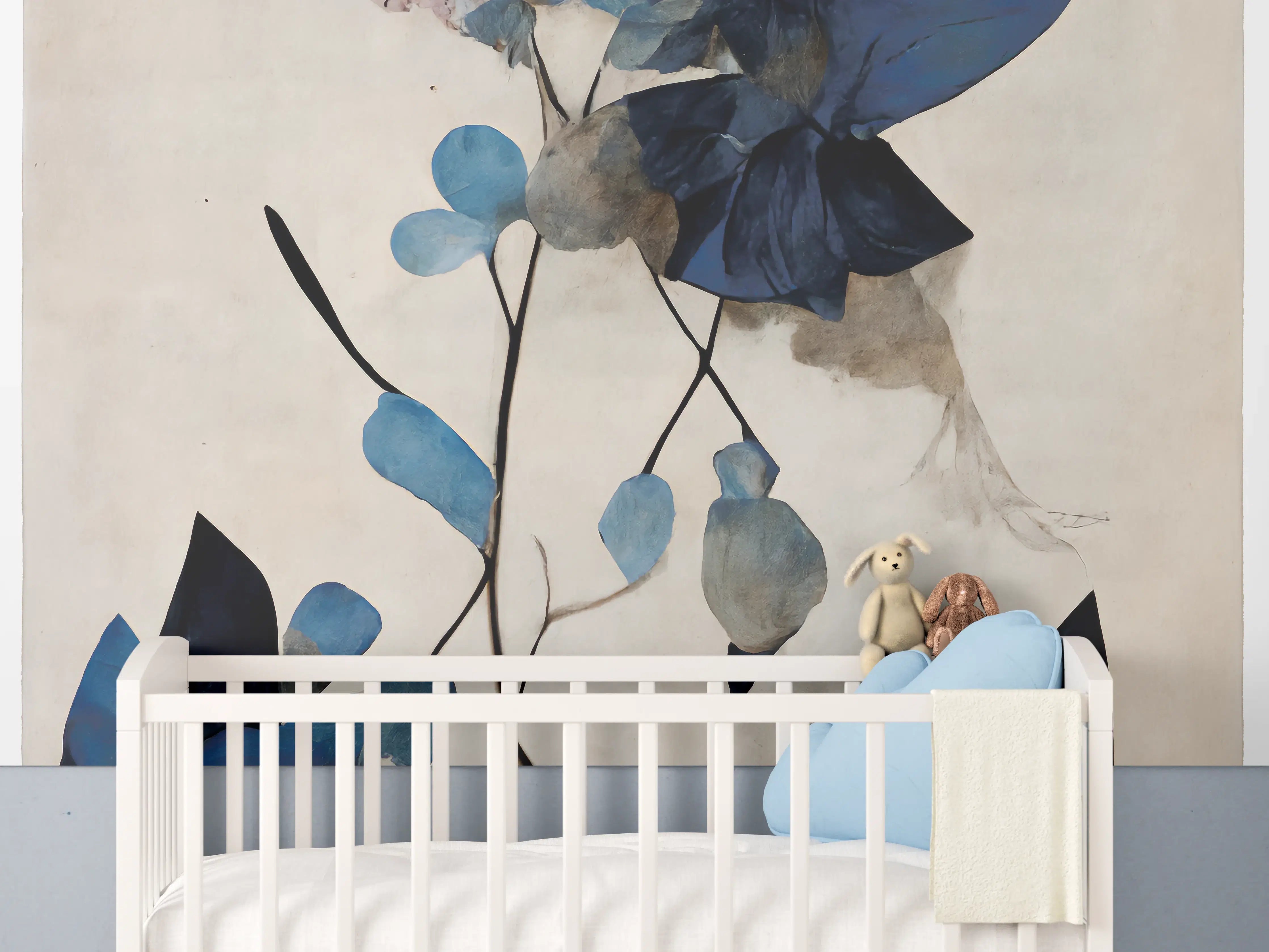 Babyzimmer Wandgestaltung - Blaue Blüten - Floral