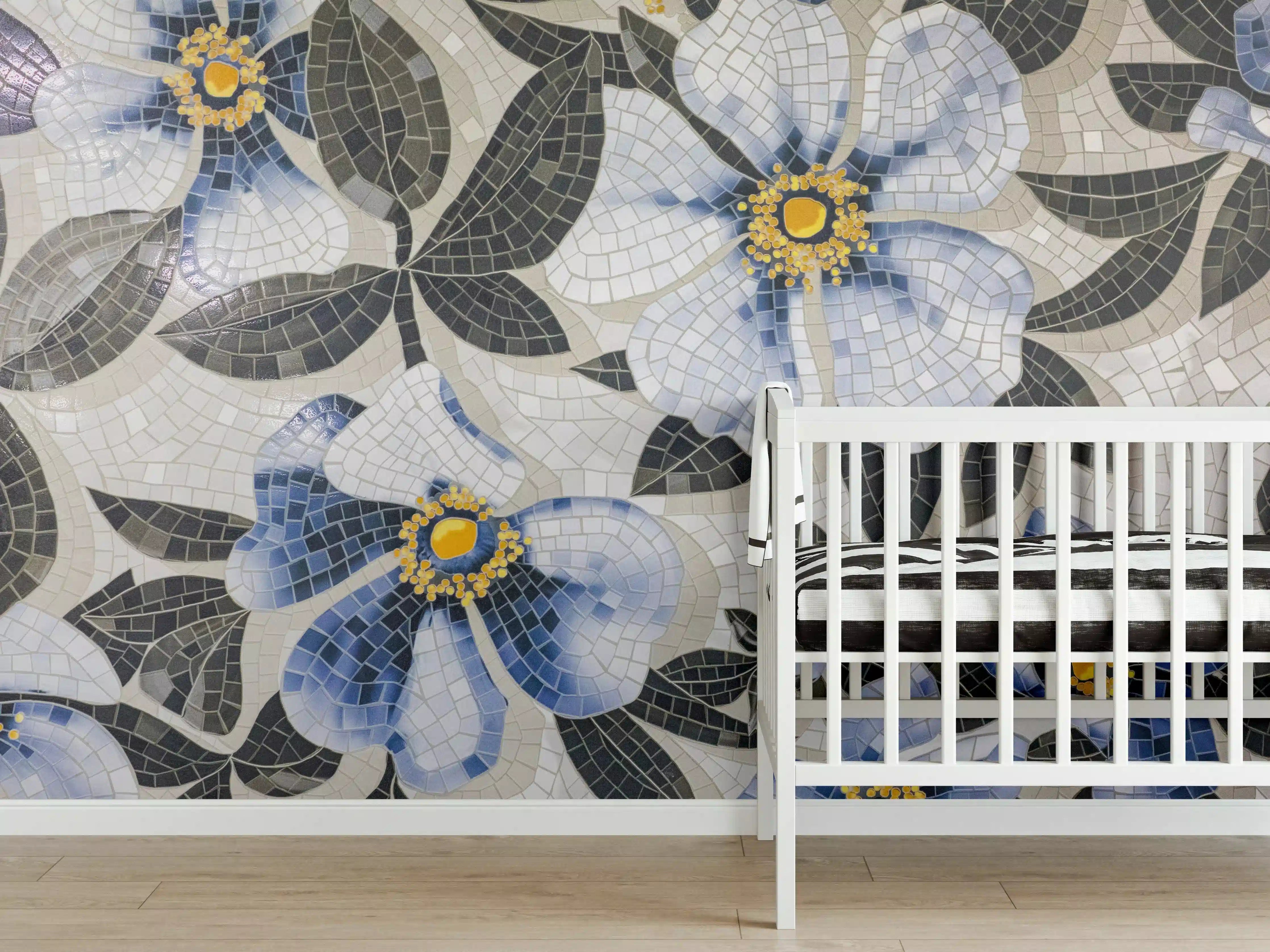 Babyzimmer Wandgestaltung - Blaue Blumen Mosaikfliesen