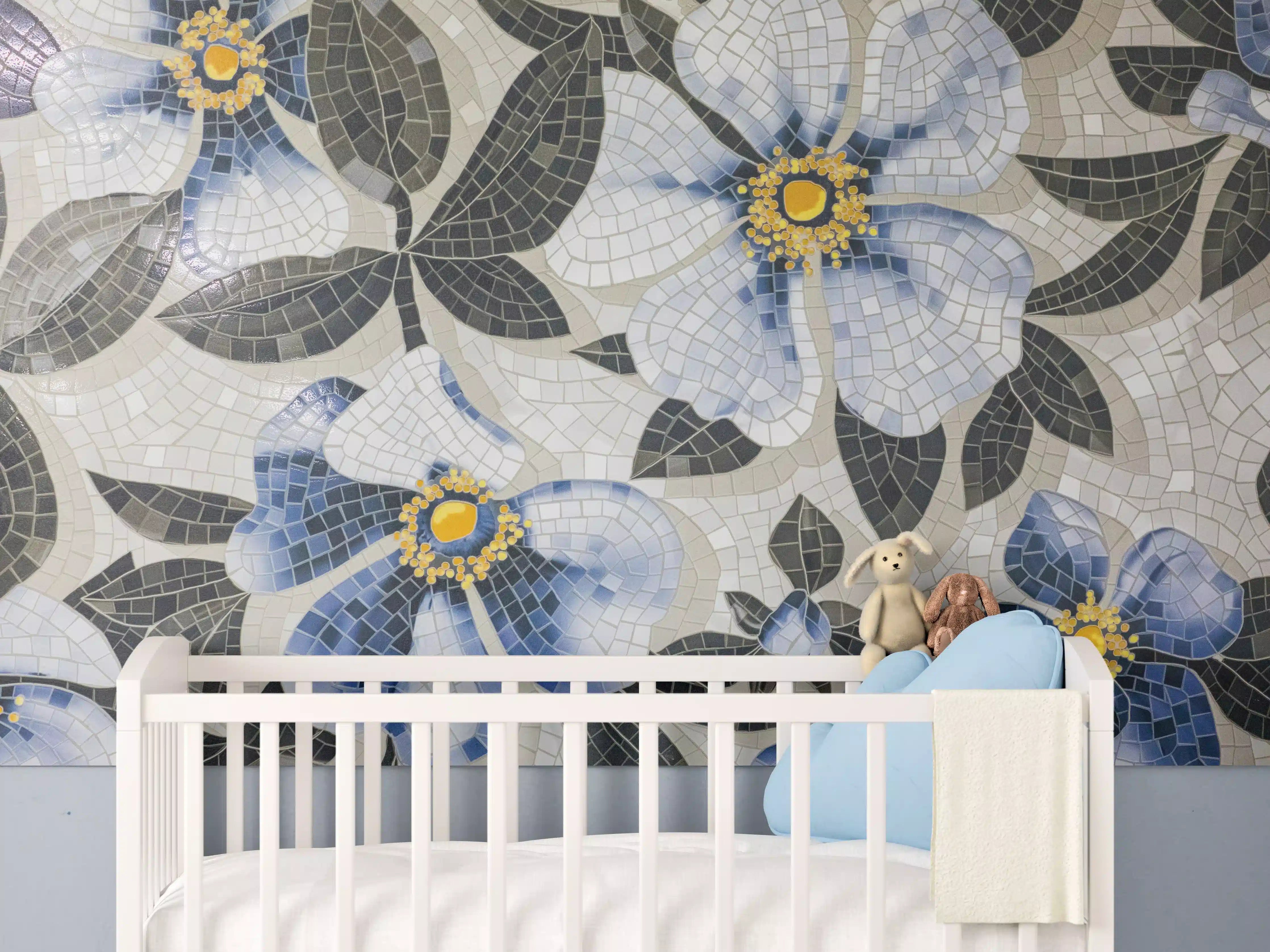 Babyzimmer Wandgestaltung - Blaue Blumen Mosaikfliesen