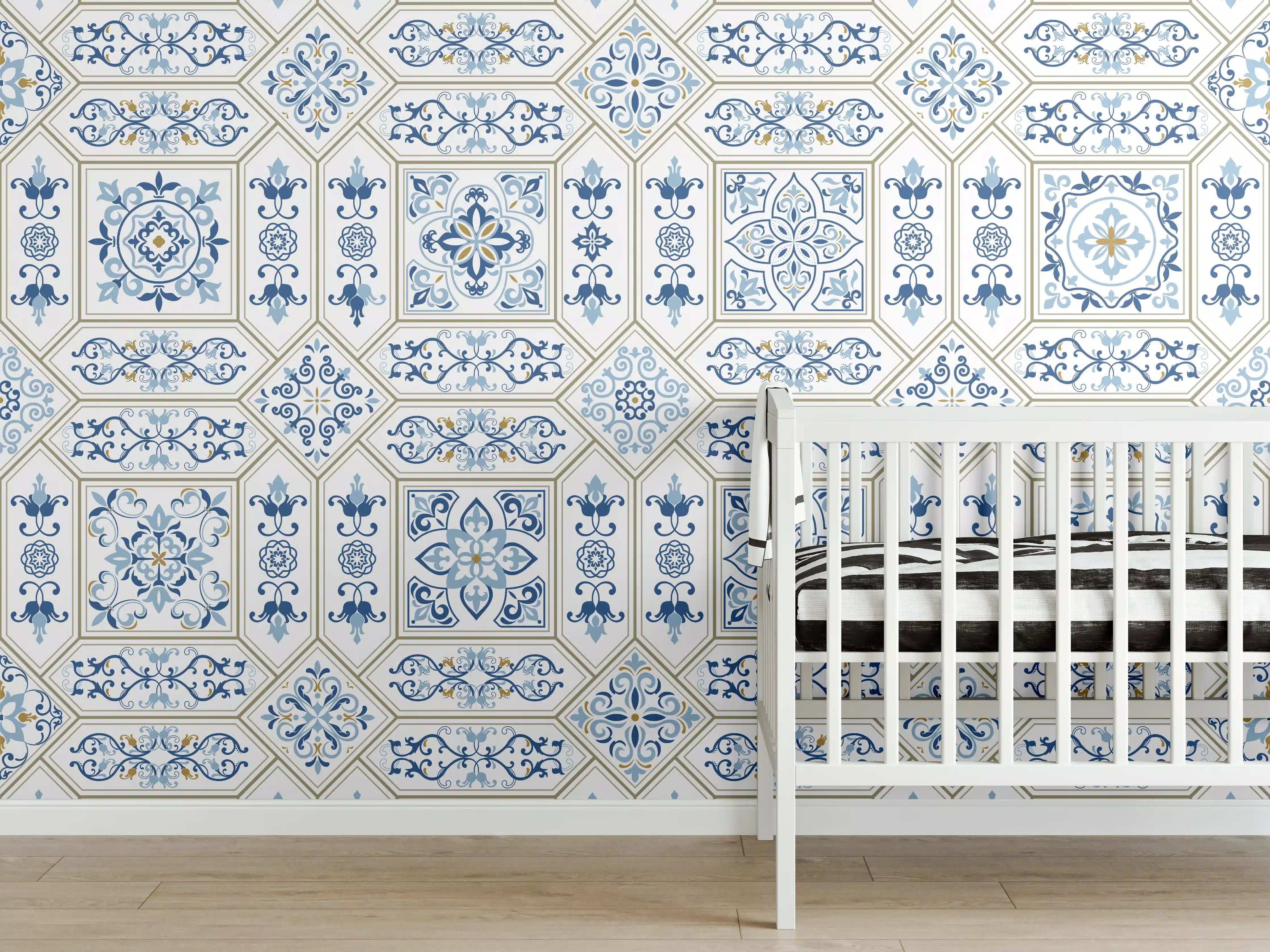 Babyzimmer Wandgestaltung - Blaue Fliesenmuster im Vintage-Stil