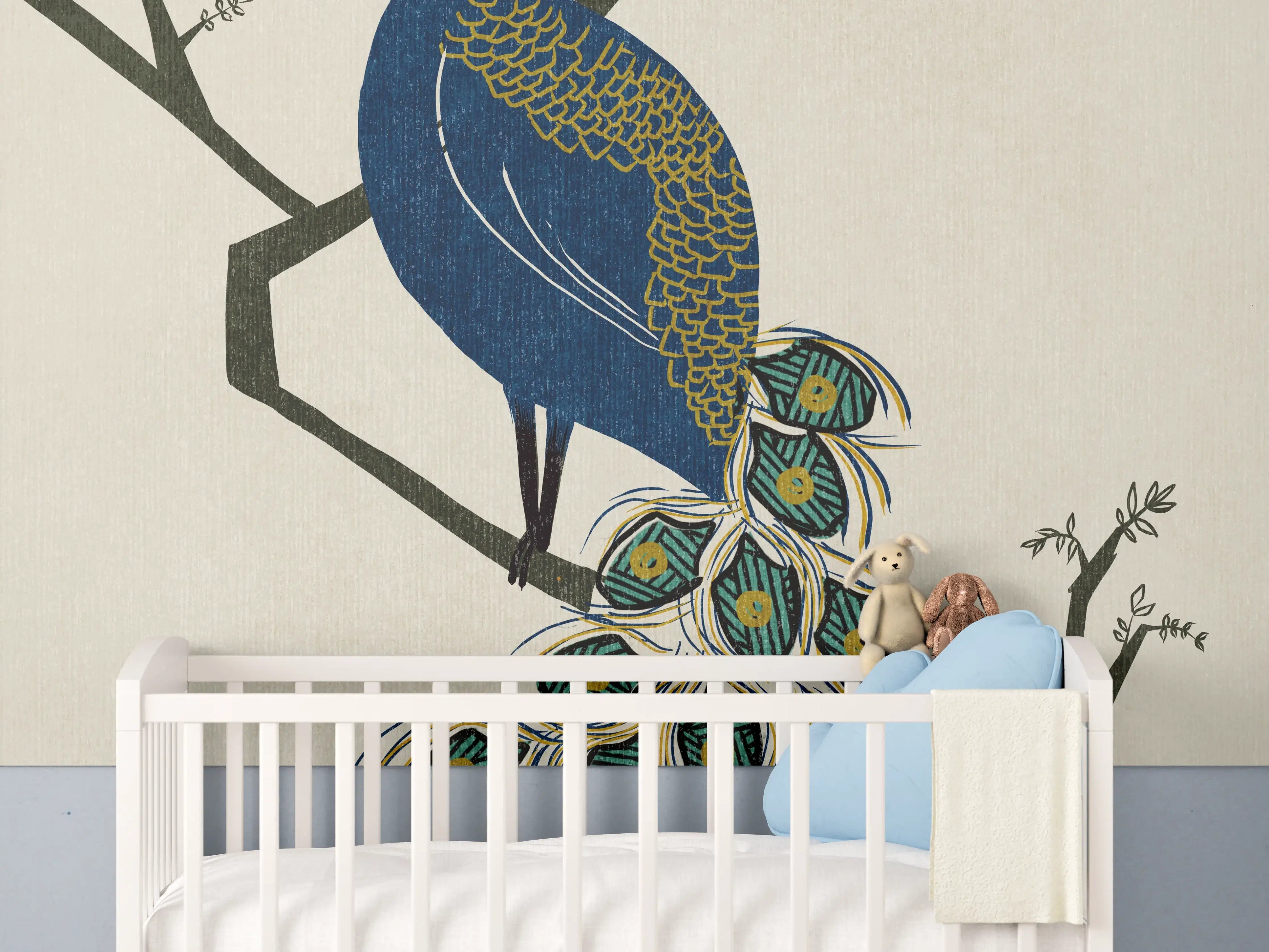Babyzimmer Wandgestaltung - Blaue Pfauenfeder mit Sonnenorange