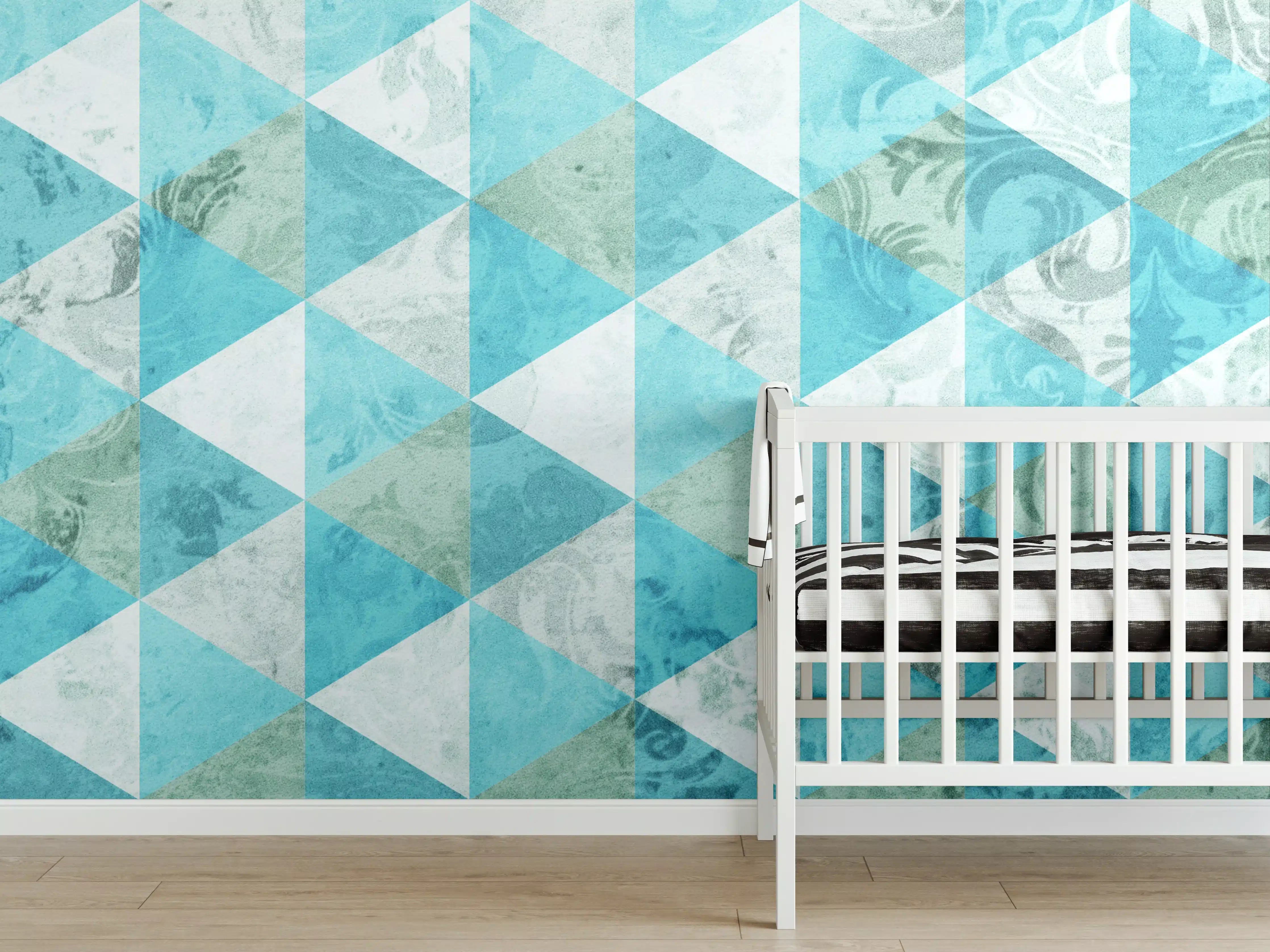 Babyzimmer Wandgestaltung - Blaue geometrische Muster mit Wasserfarbentechnik