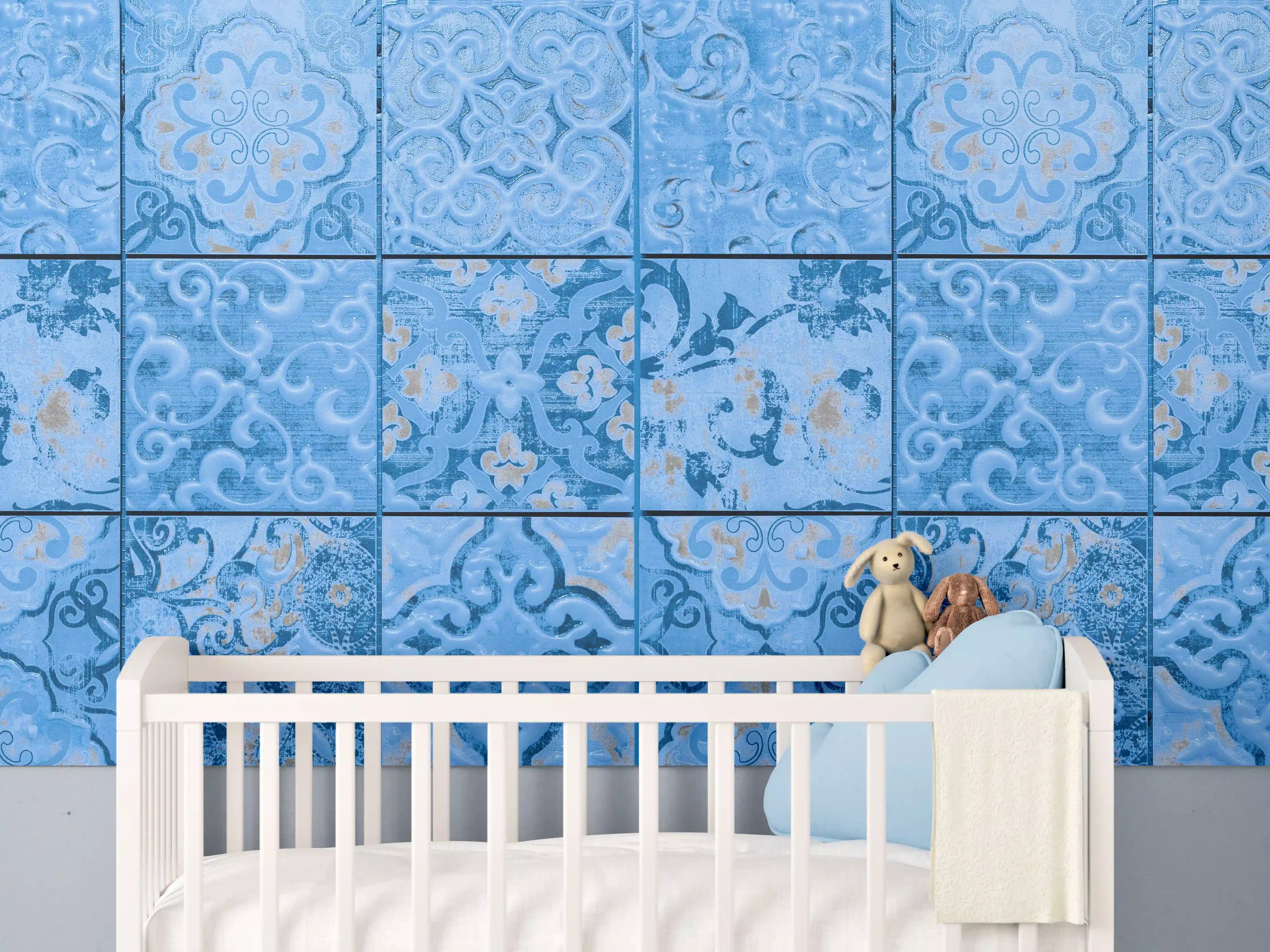 Babyzimmer Wandgestaltung - Blaue rechteckige Vintage Zementfliesen