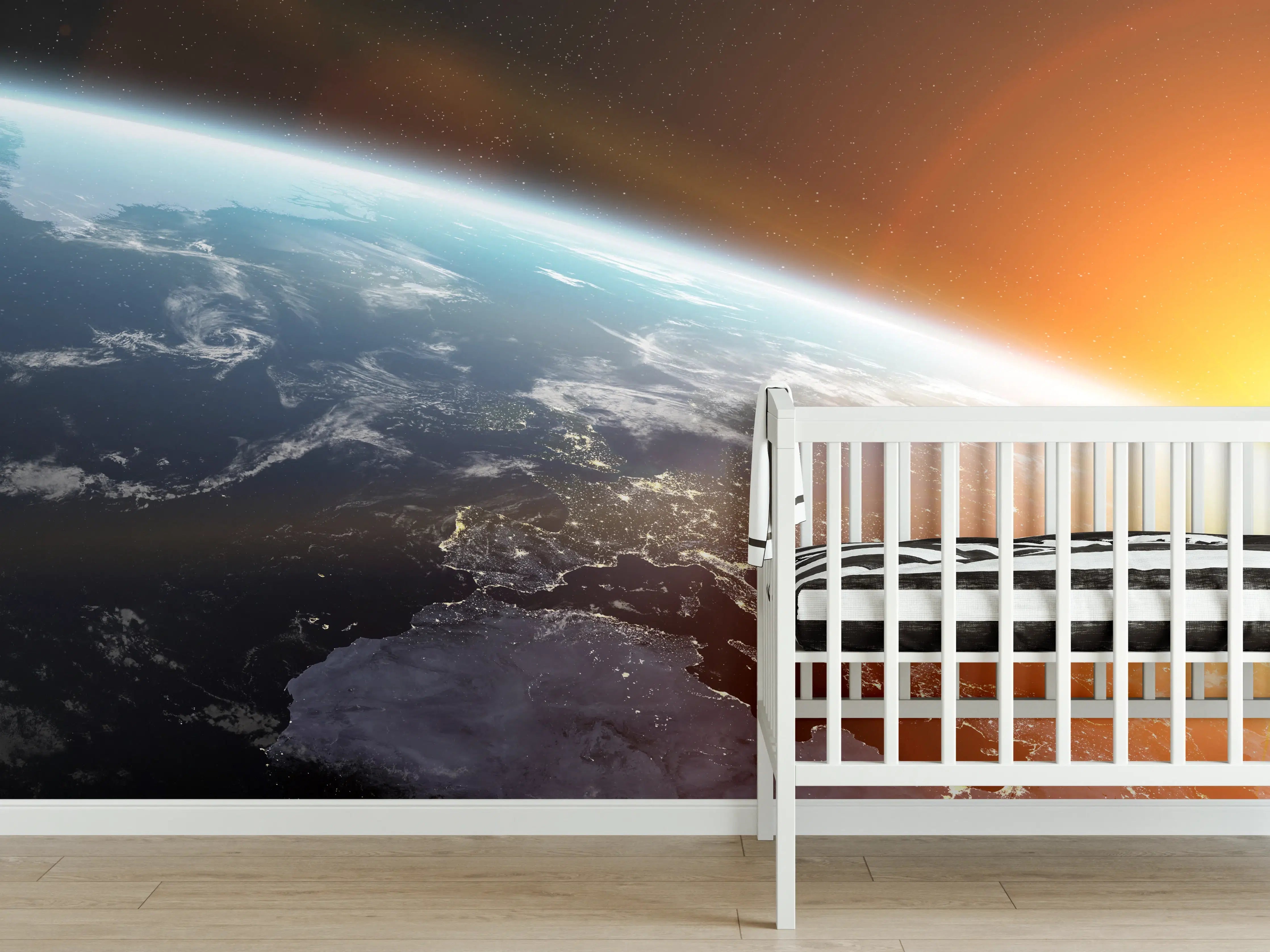 Babyzimmer Wandgestaltung - Blauer Planet mit Sonnenaufgang
