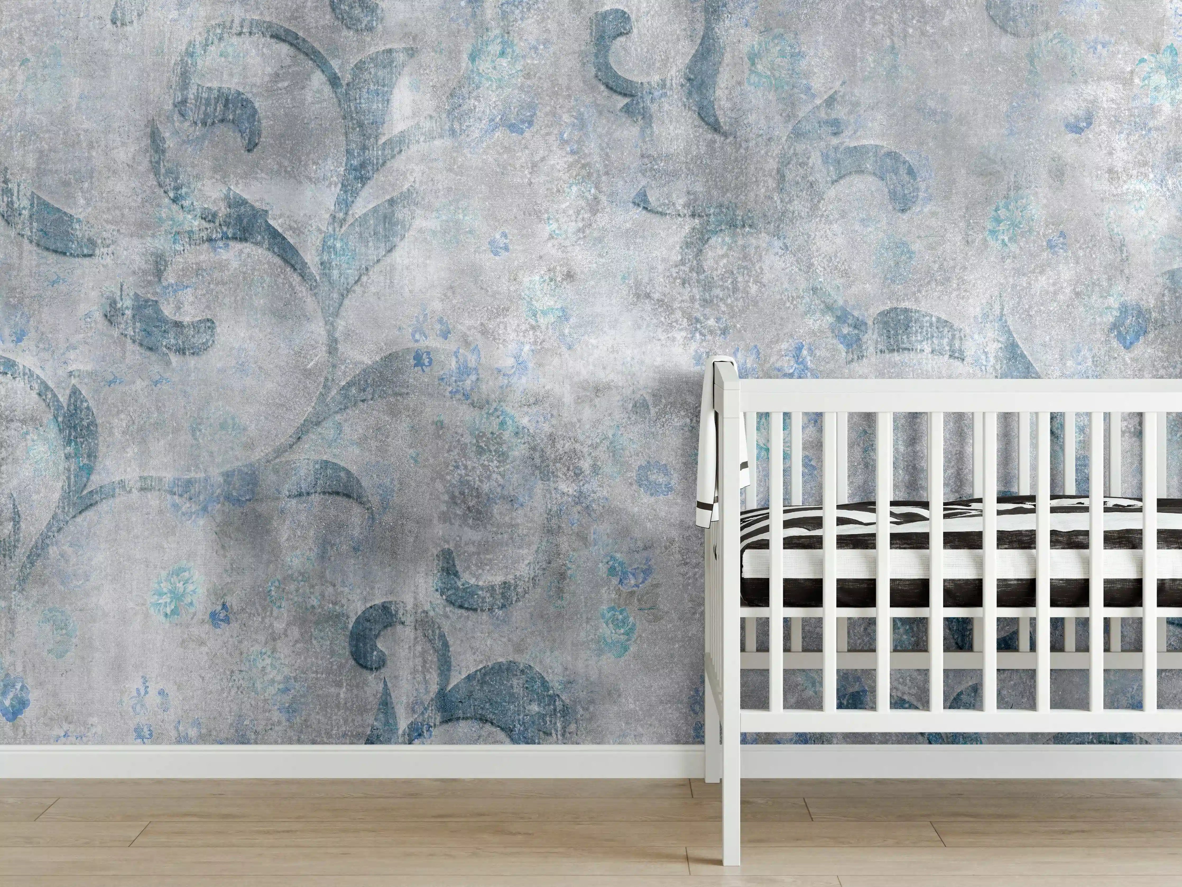 Babyzimmer Wandgestaltung - Blaues Blätter Muster - Zement