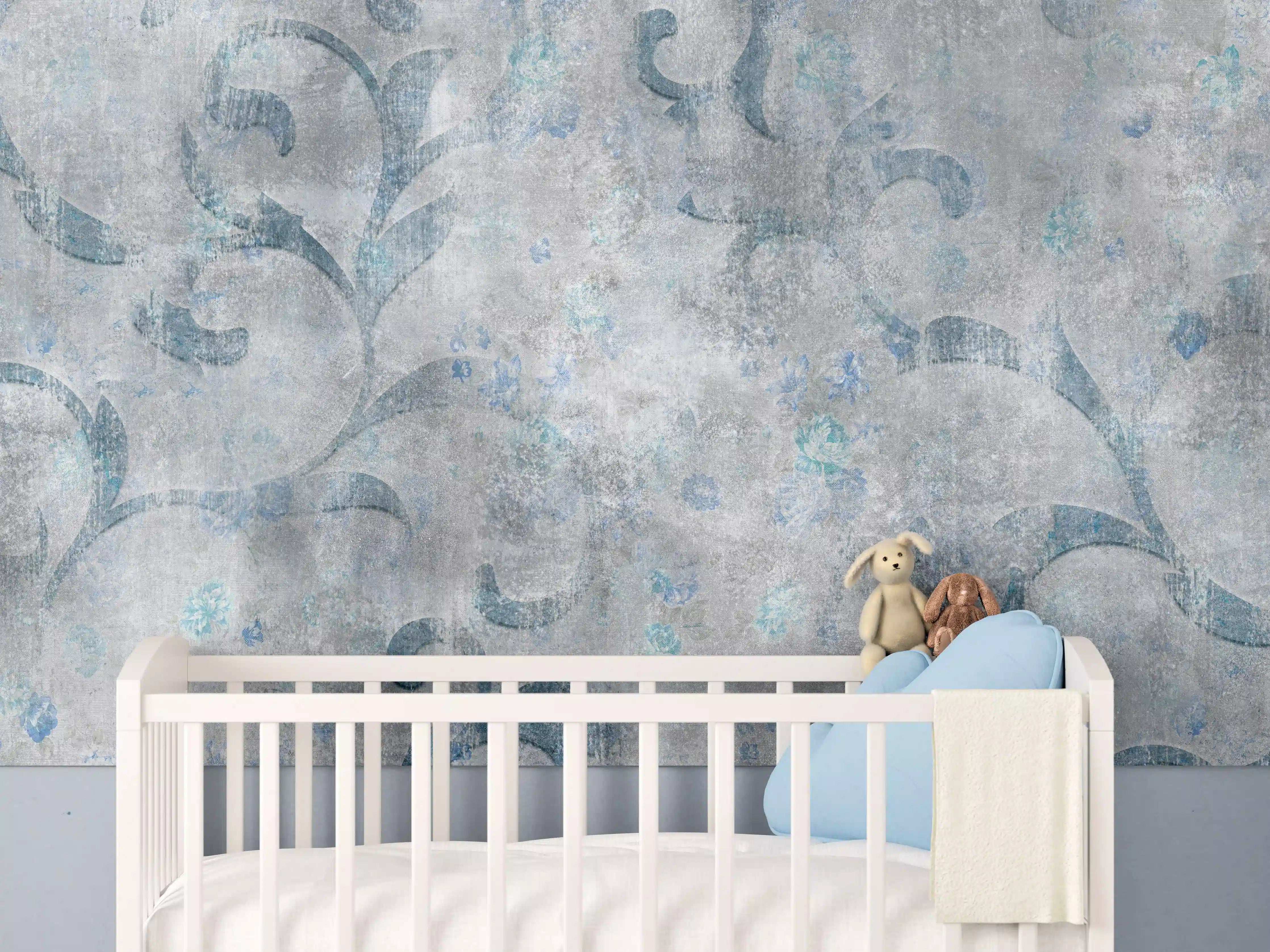 Babyzimmer Wandgestaltung - Blaues Blätter Muster - Zement