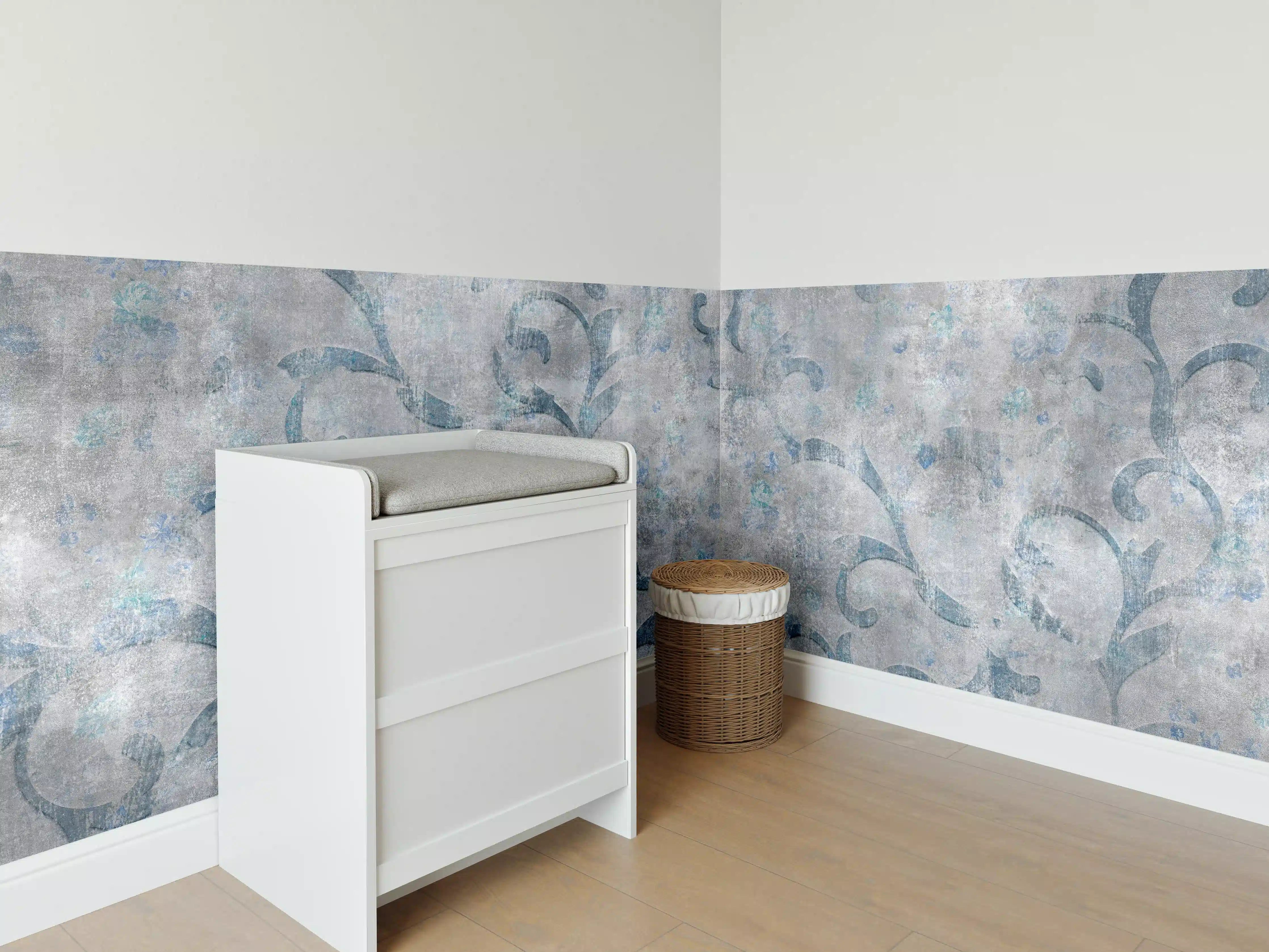 Babyzimmer Wandgestaltung - Blaues Blätter Muster - Zement