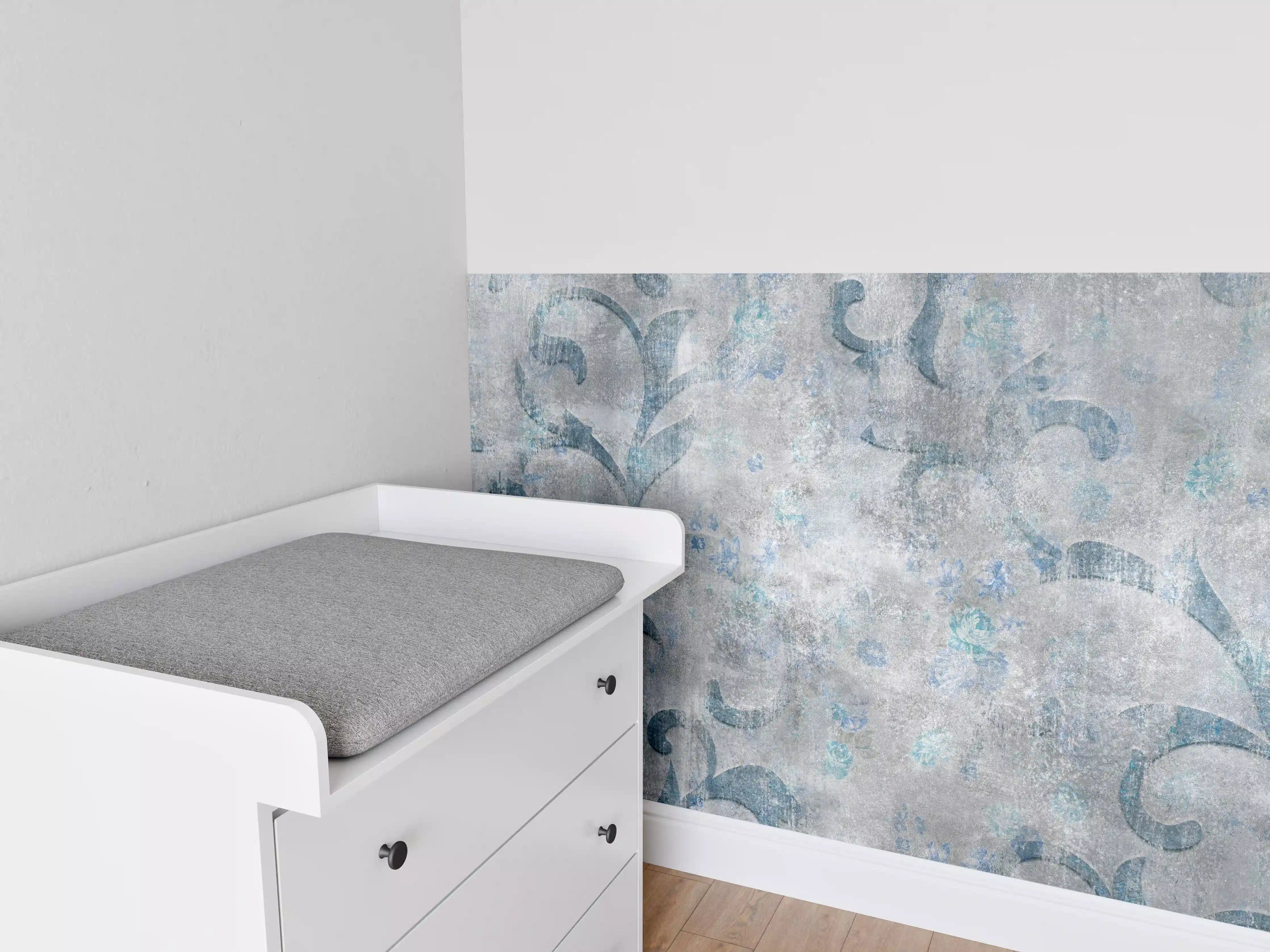 Babyzimmer Wandgestaltung - Blaues Blätter Muster - Zement