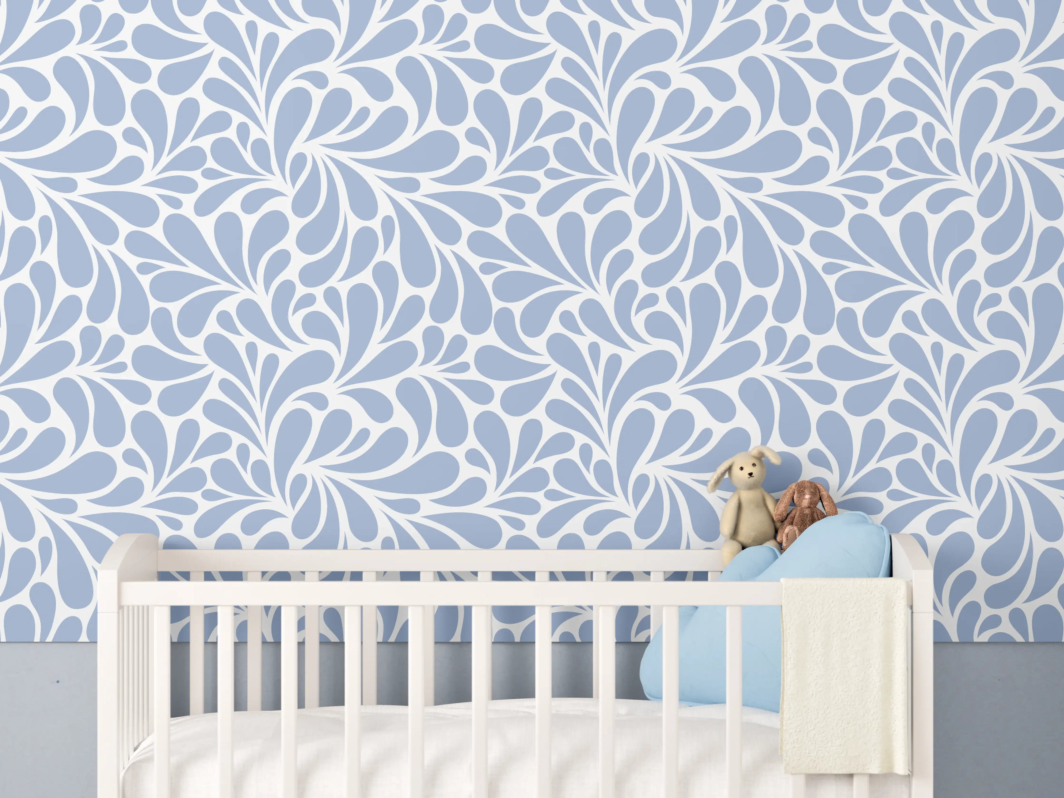 Babyzimmer Wandgestaltung - Blaues Blättermuster