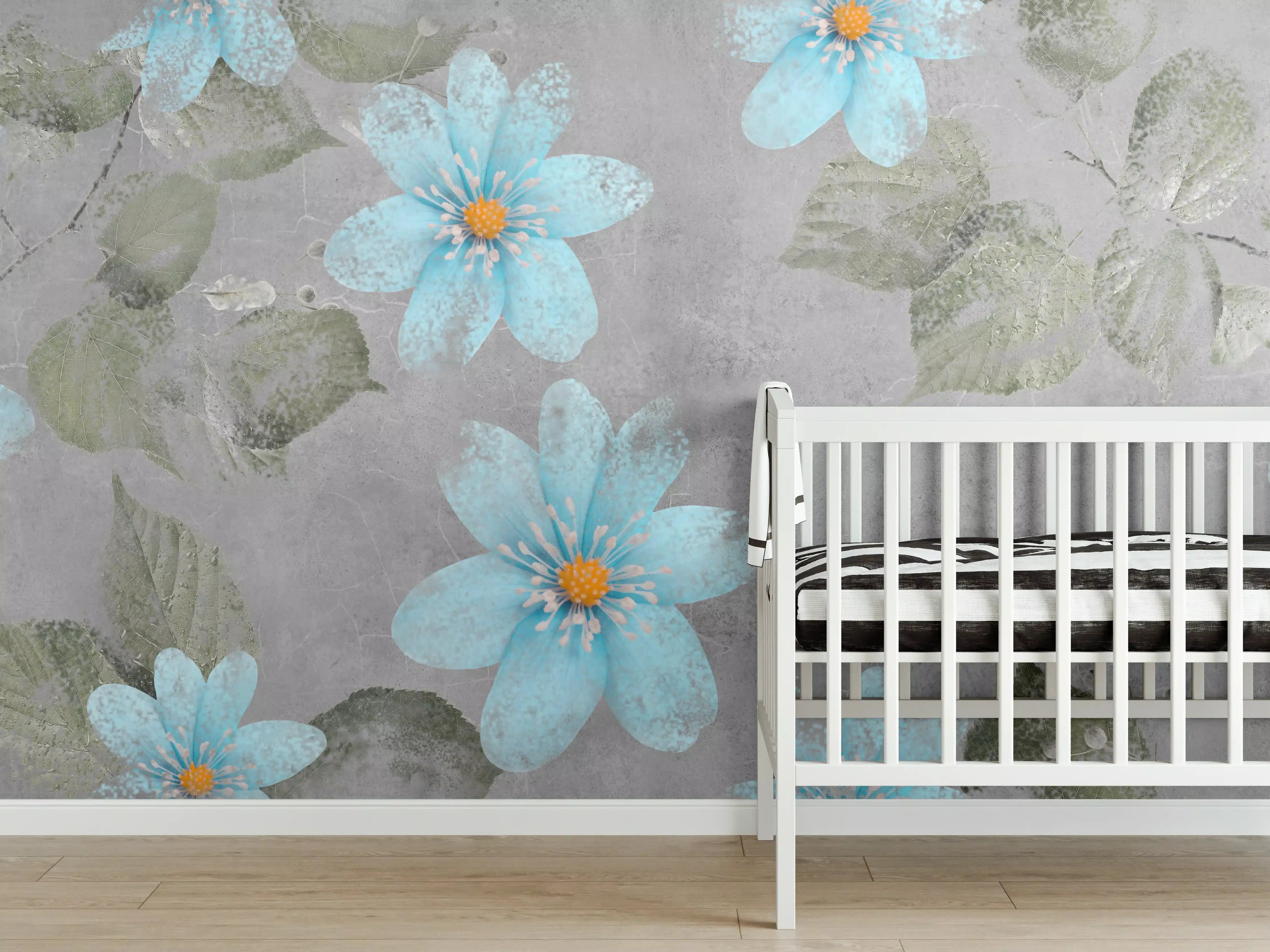 Babyzimmer Wandgestaltung - Blaues Blumenmuster - Zeichnung