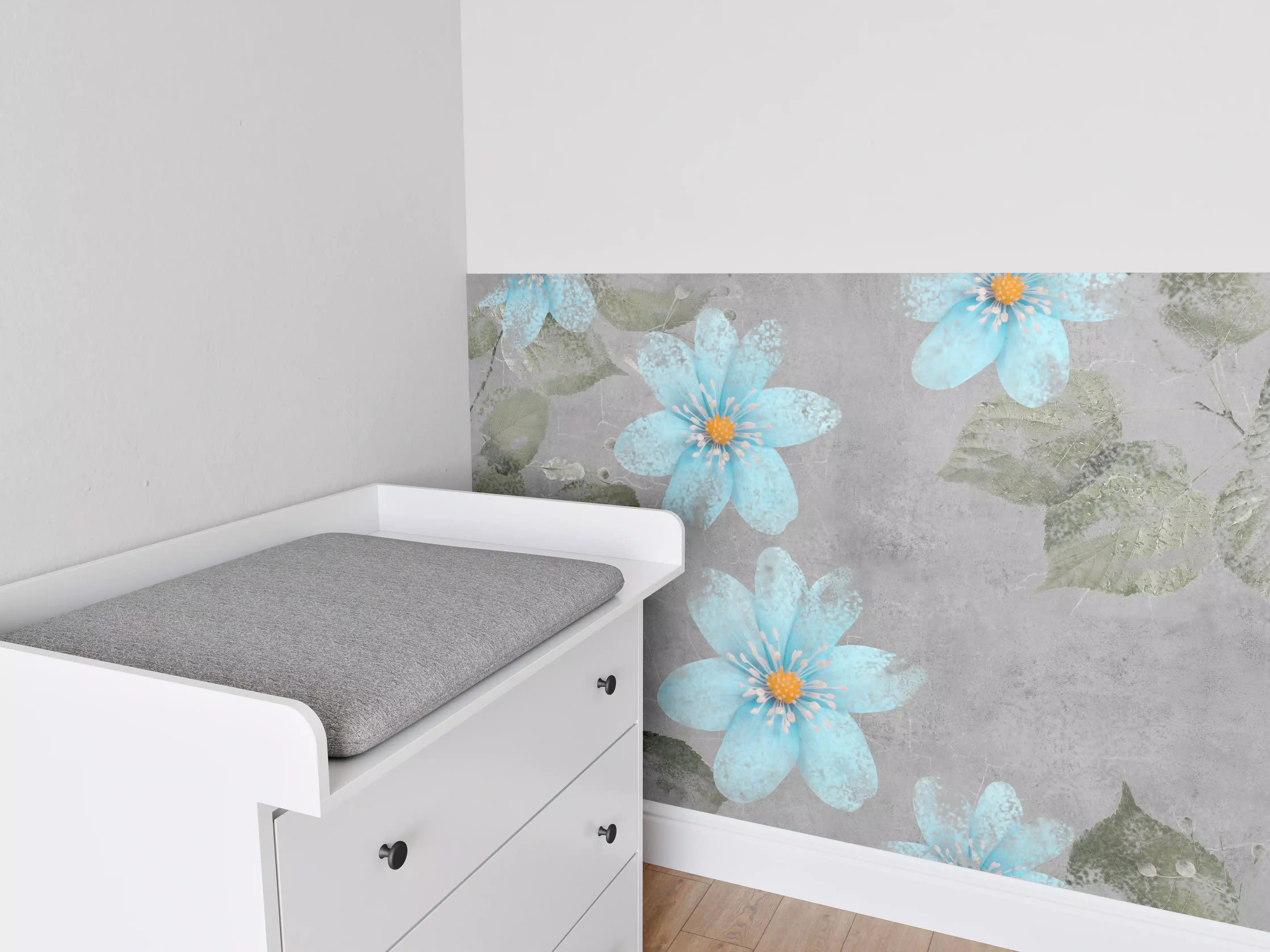 Babyzimmer Wandgestaltung - Blaues Blumenmuster - Zeichnung