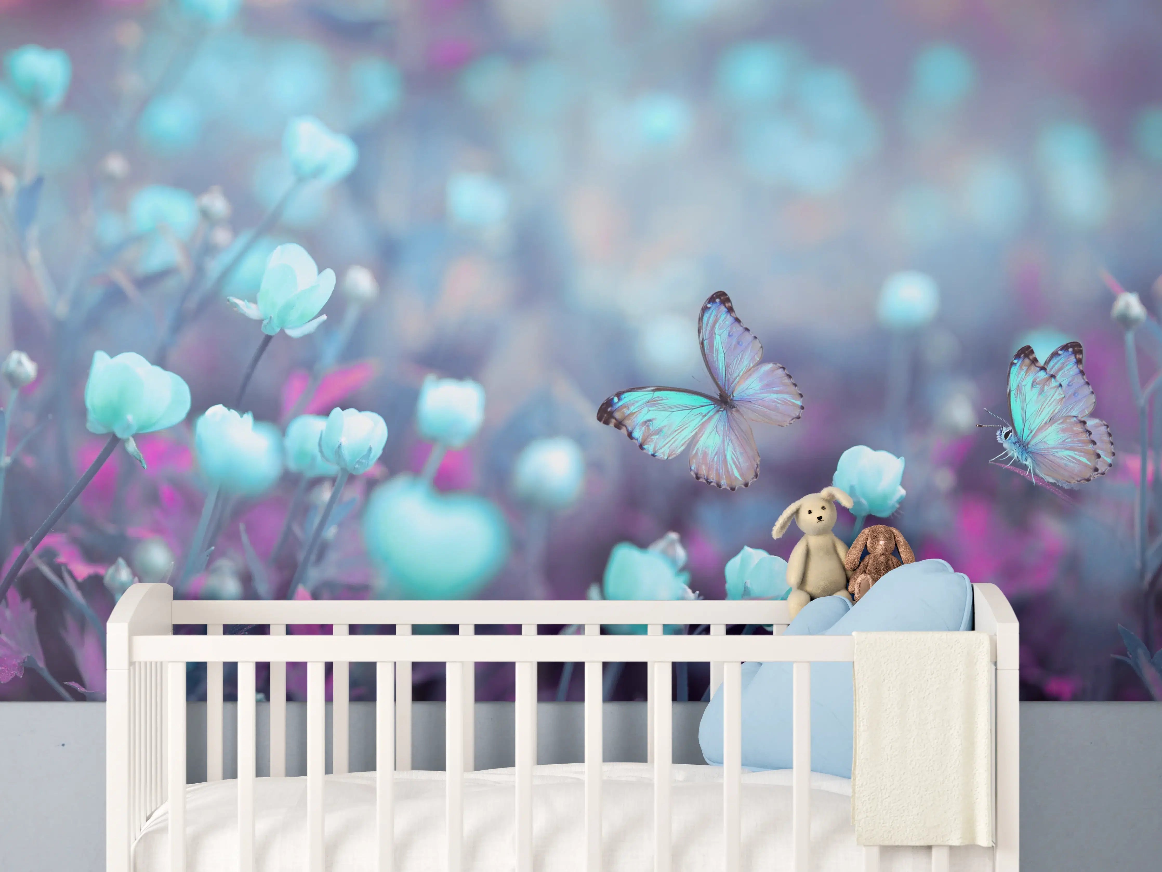 Babyzimmer Wandgestaltung - Blaues Schmetterlings- und Blumenbild mit pastel Farbnuancen
