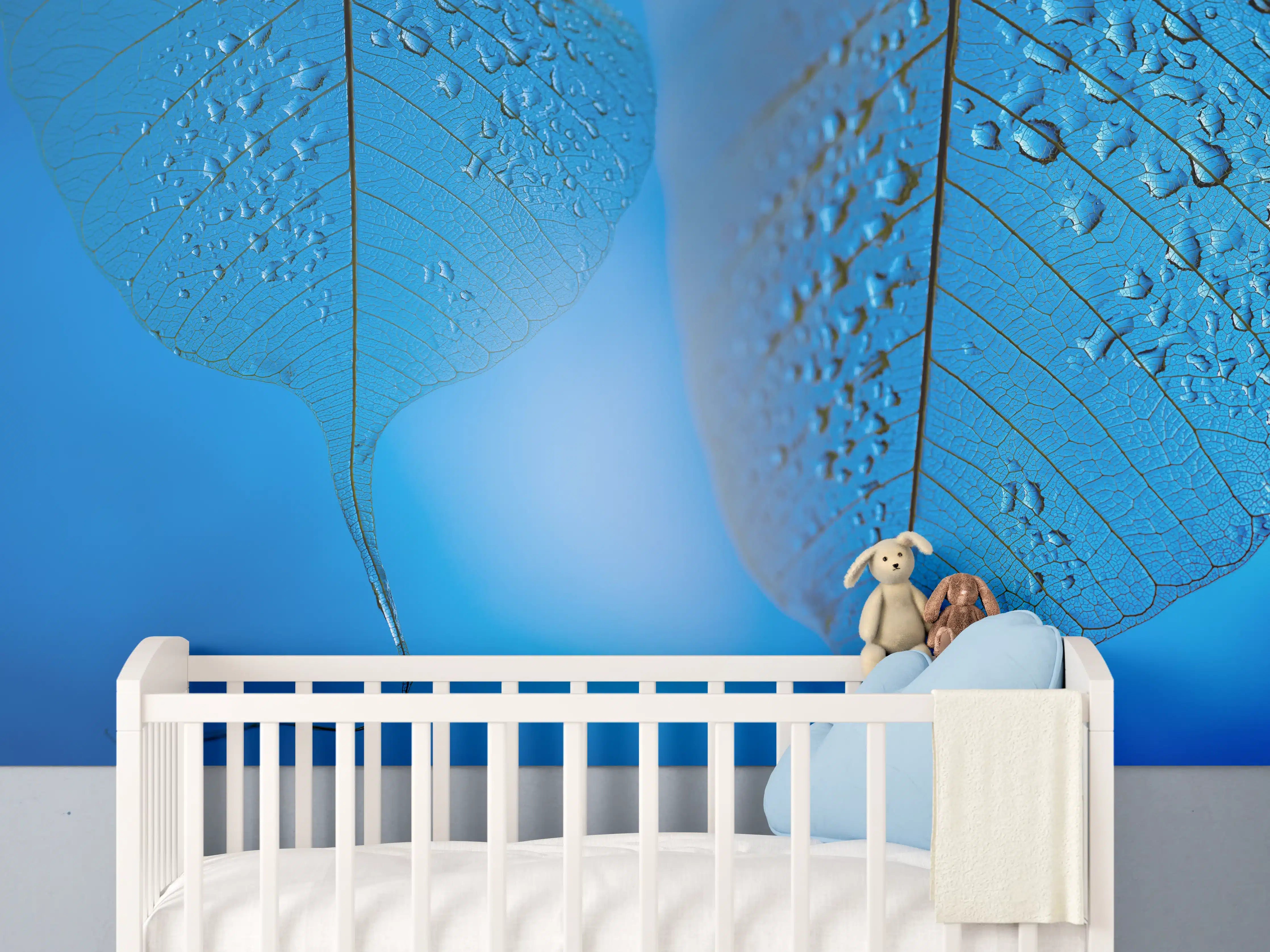 Babyzimmer Wandgestaltung - Blaues Tautropfen Blatt Makro