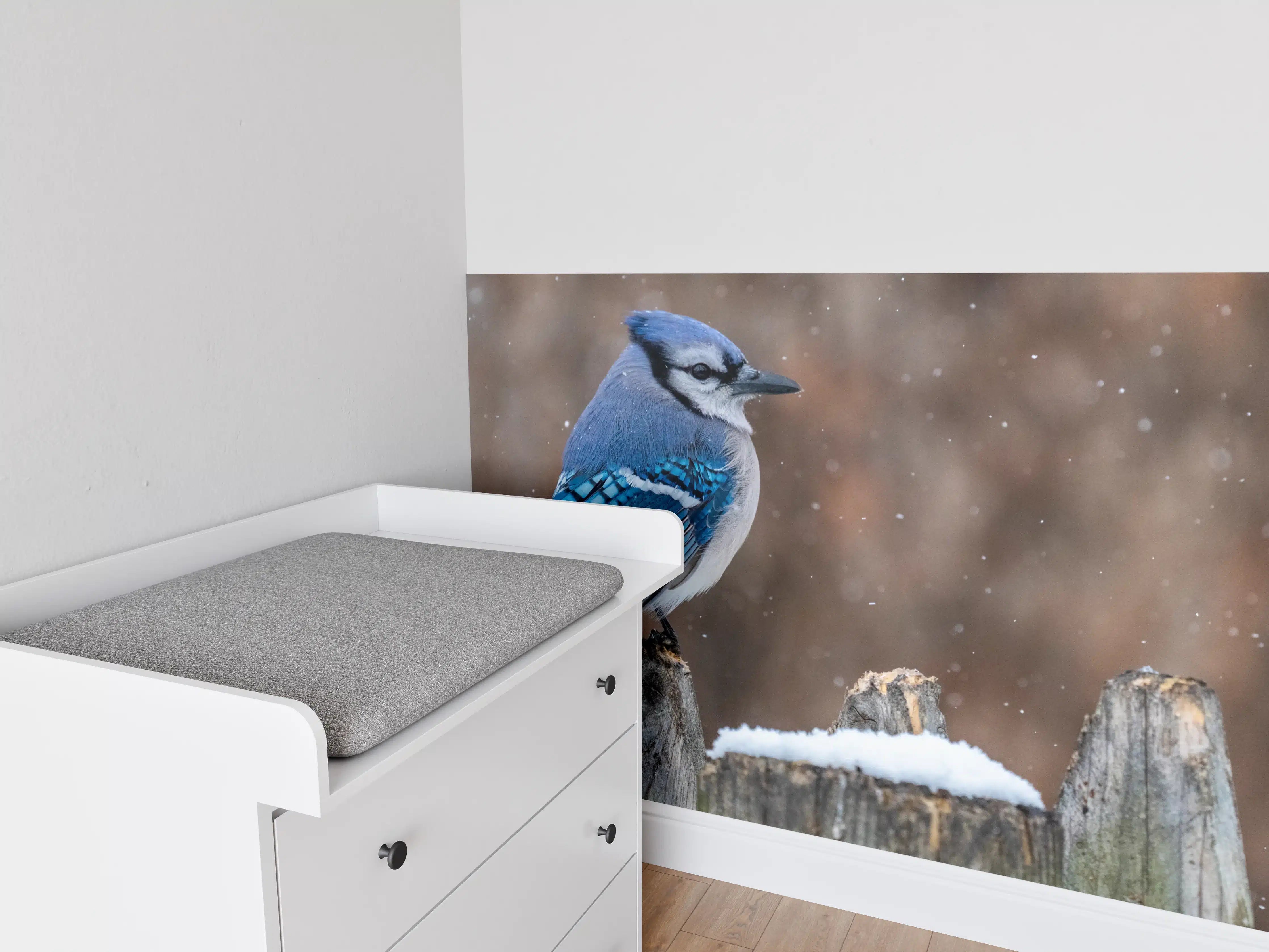 Babyzimmer Wandgestaltung - Blauhäher im Schnee