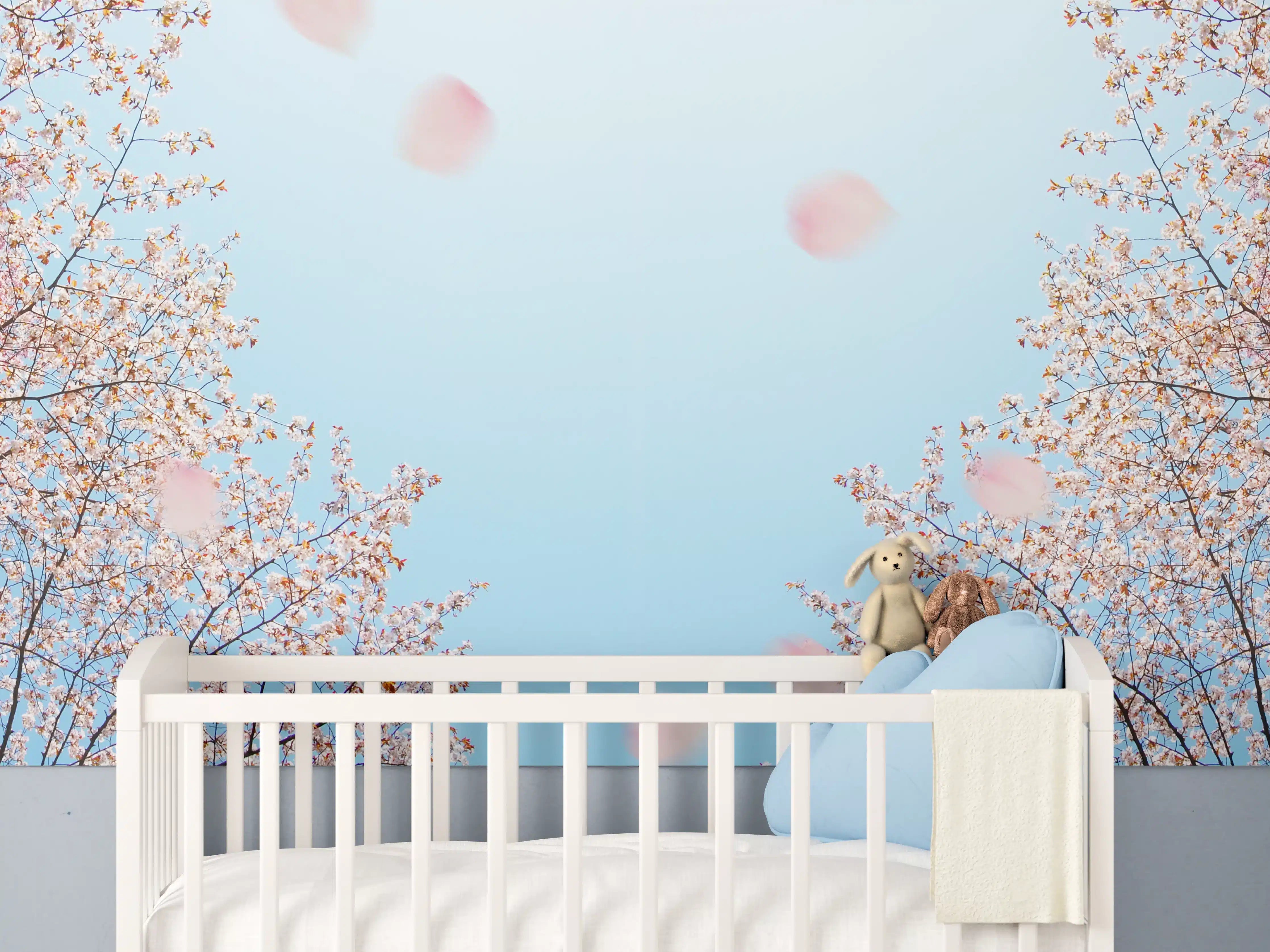 Babyzimmer Wandgestaltung - Blühende Kirschbäume unter blauem Himmel