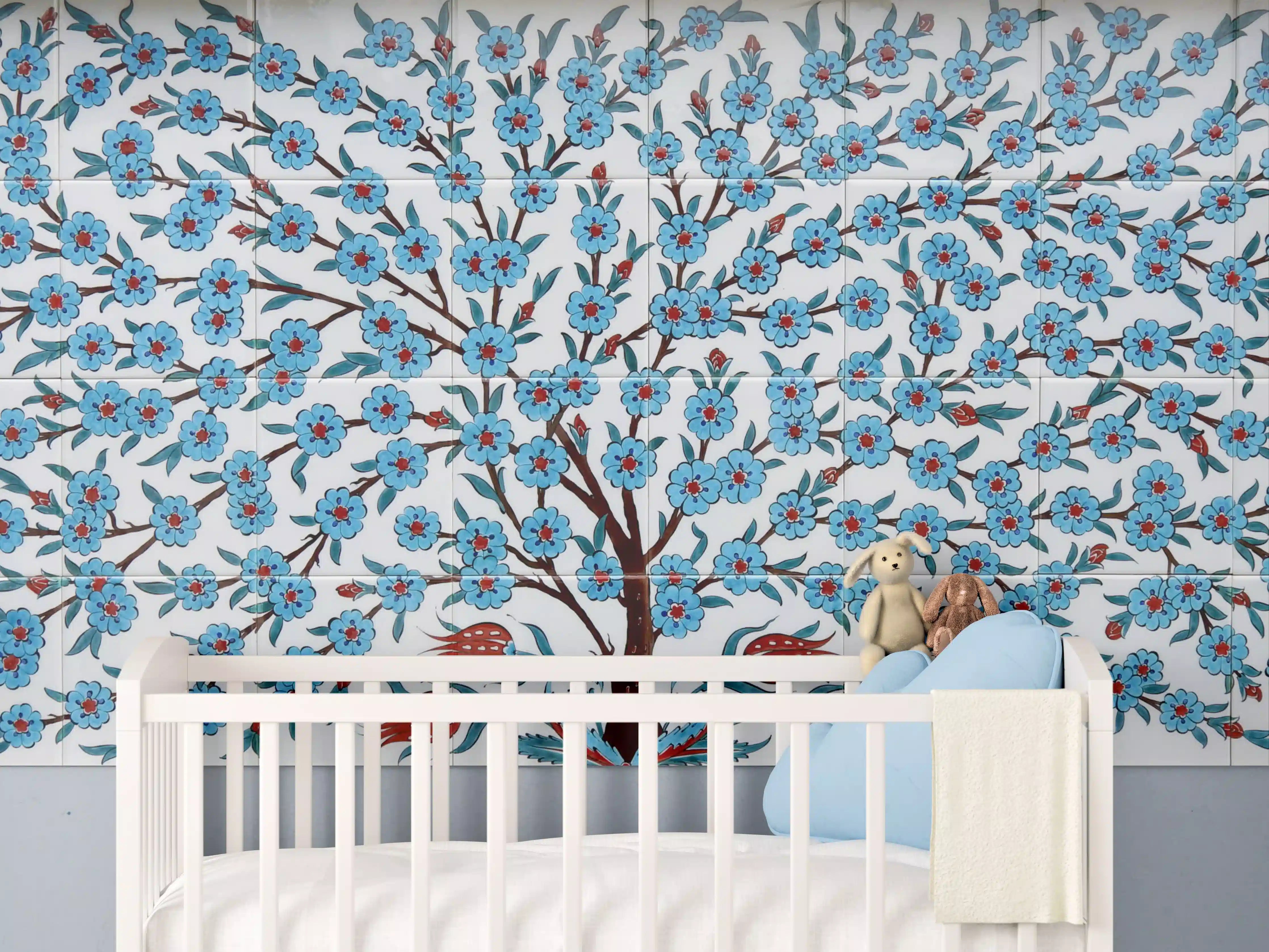 Babyzimmer Wandgestaltung - Blühender Baum mit blauen Blüten