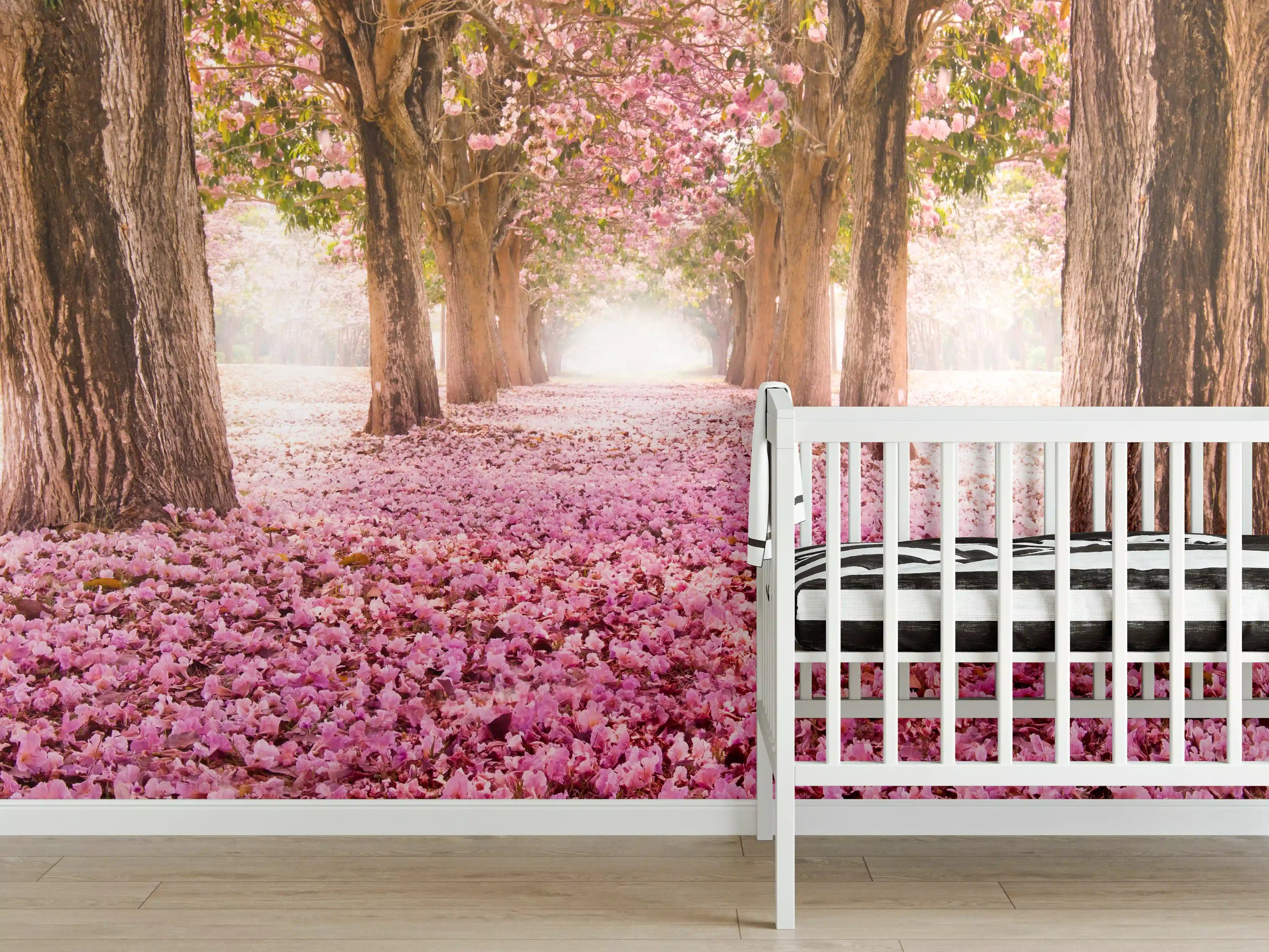 Babyzimmer Wandgestaltung - Blühender Baumhain mit Pinkblütiger Fallen