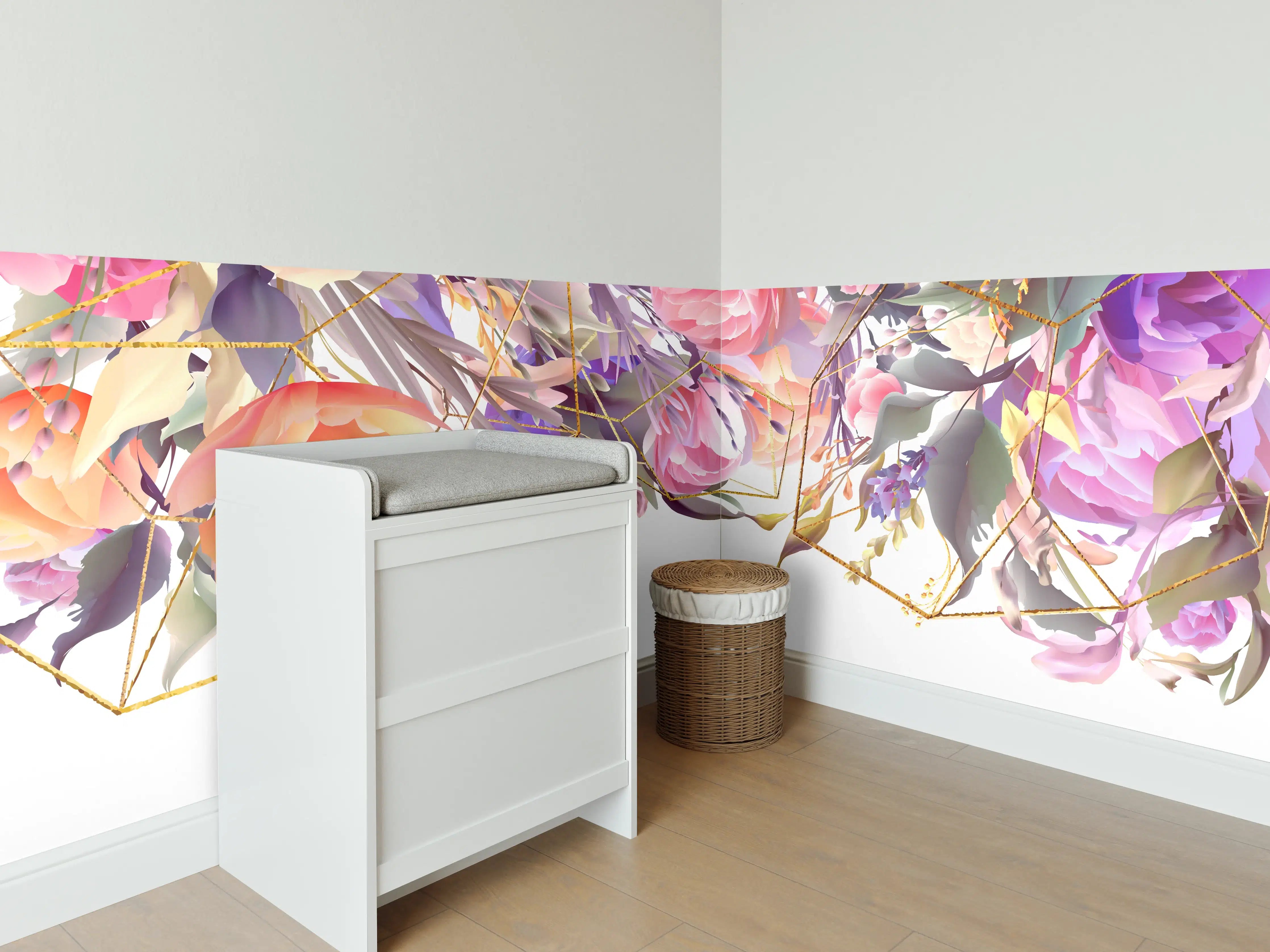 Babyzimmer Wandgestaltung - Blumen-Muster Abstrakt Gold