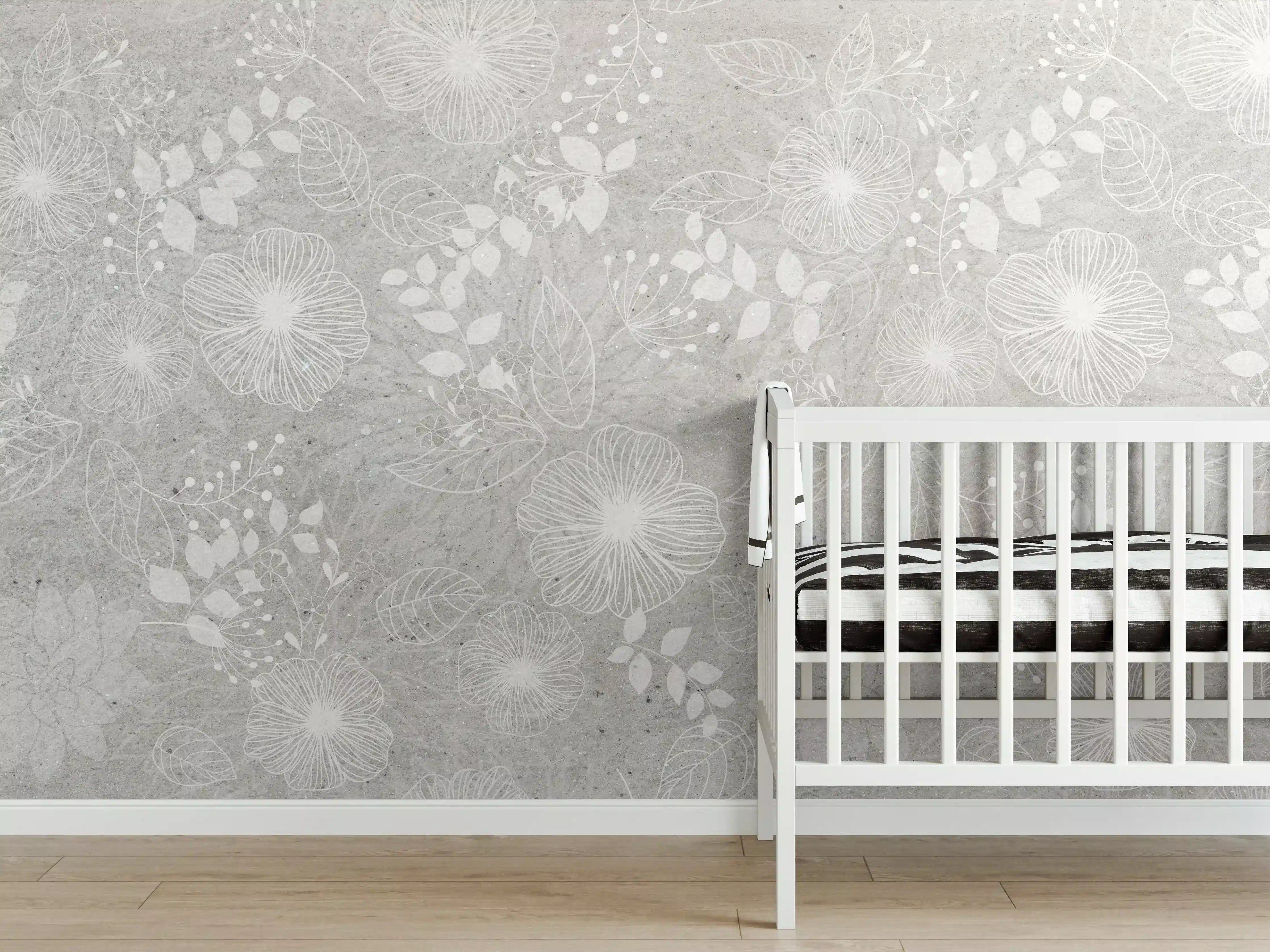 Babyzimmer Wandgestaltung - Blumen auf grauem Beton
