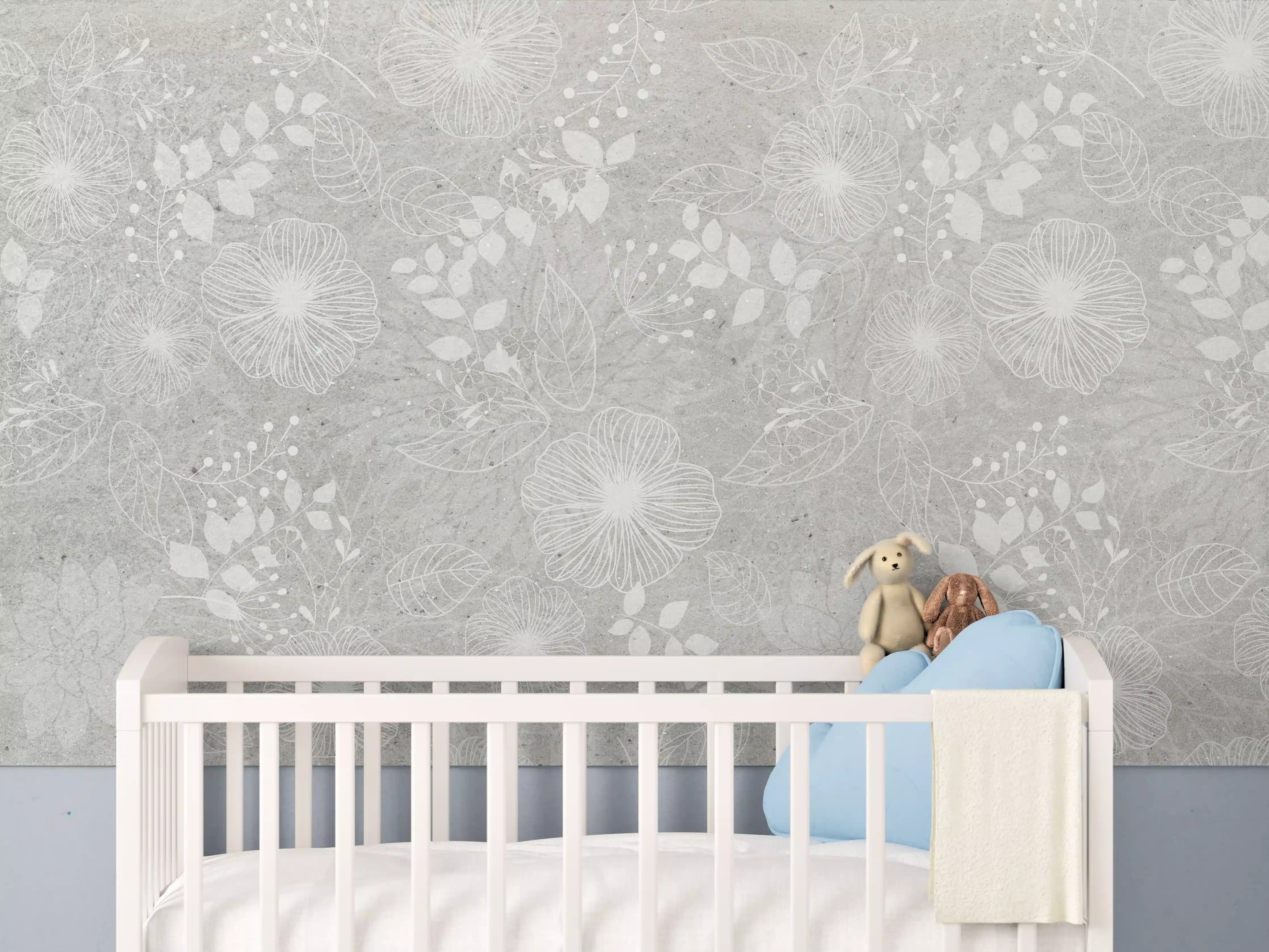Babyzimmer Wandgestaltung - Blumen auf grauem Beton