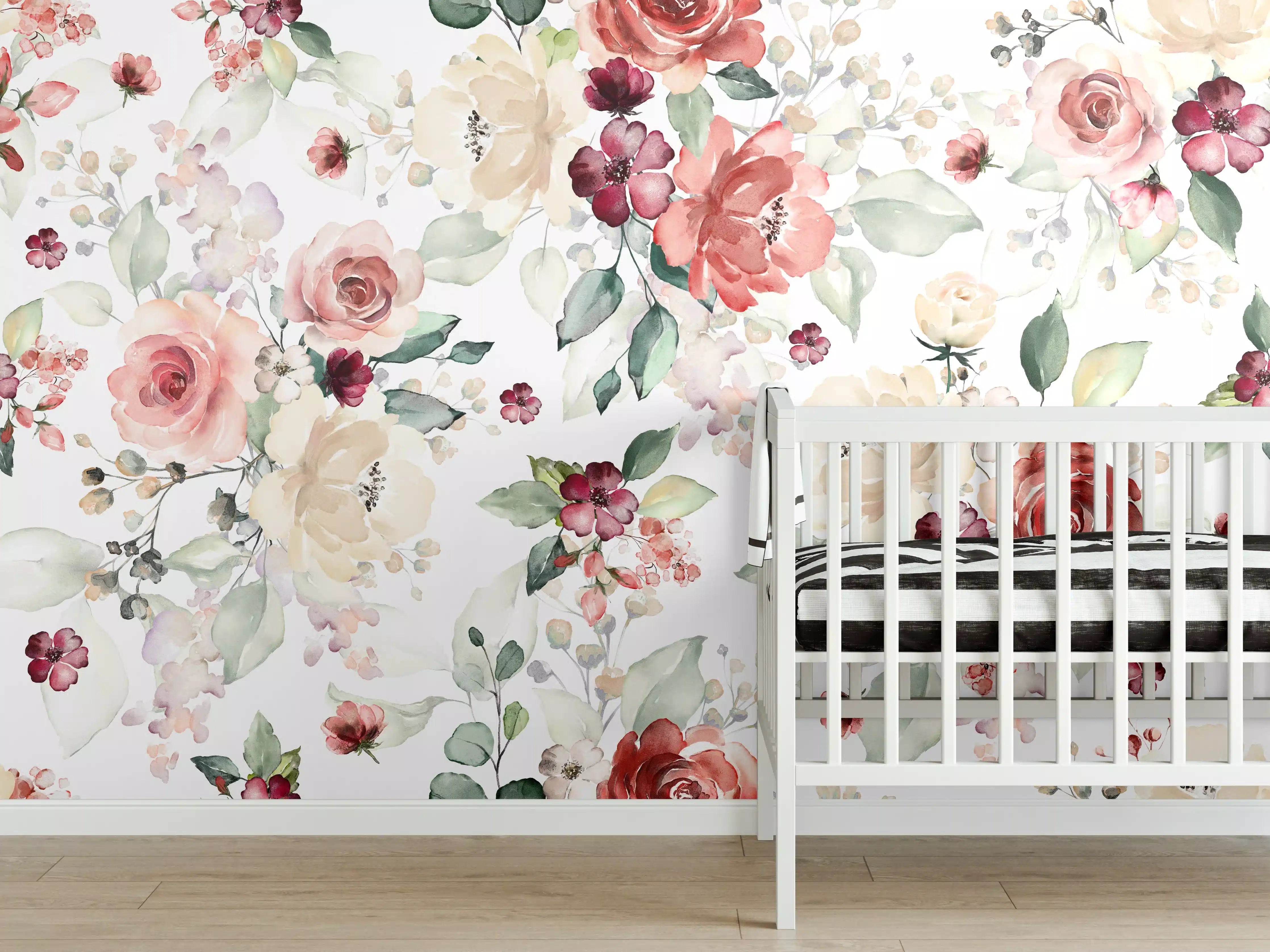 Babyzimmer Wandgestaltung - Blumen und Blätter im Tapeten-Stil