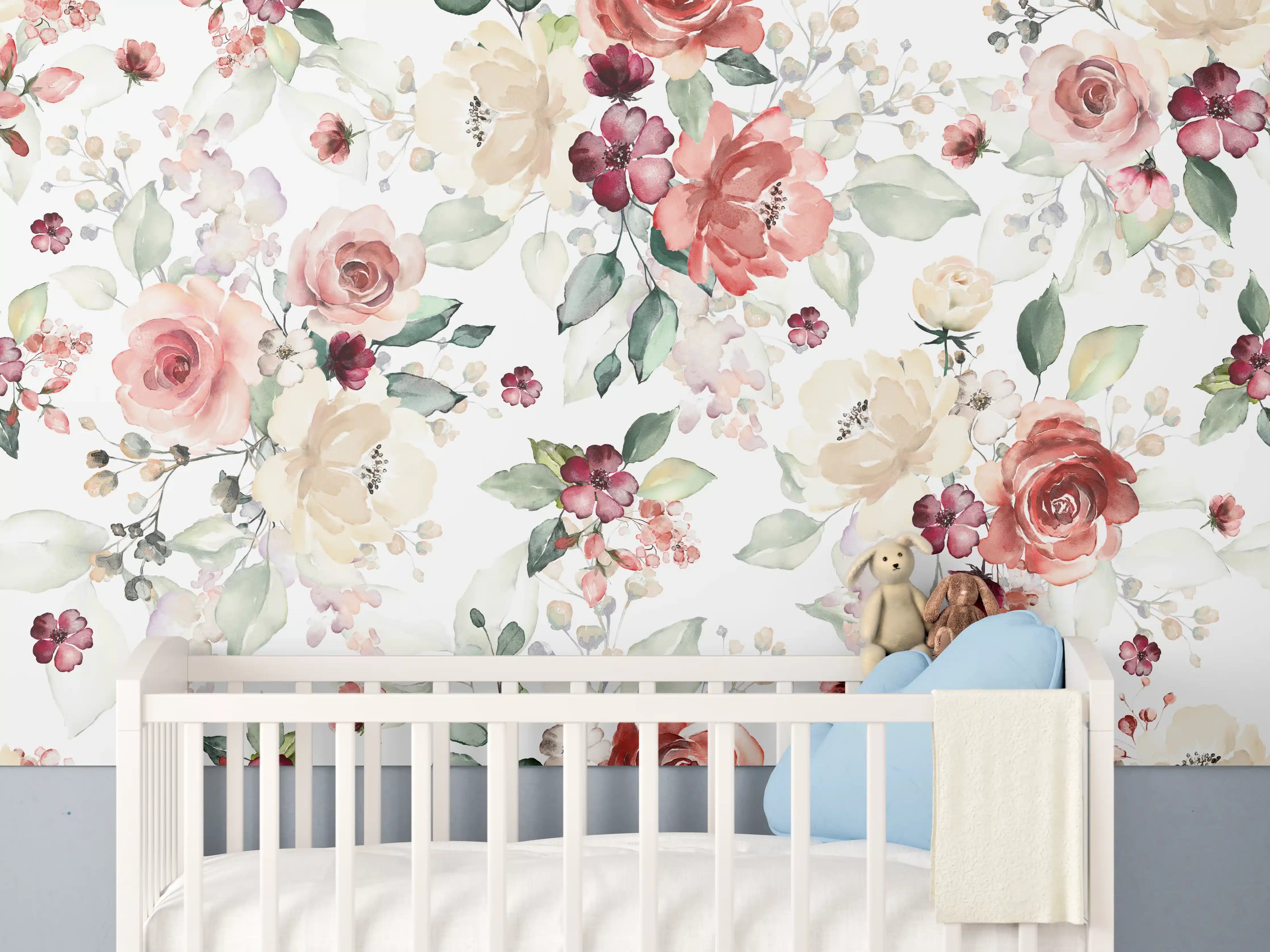 Babyzimmer Wandgestaltung - Blumen und Blätter im Tapeten-Stil