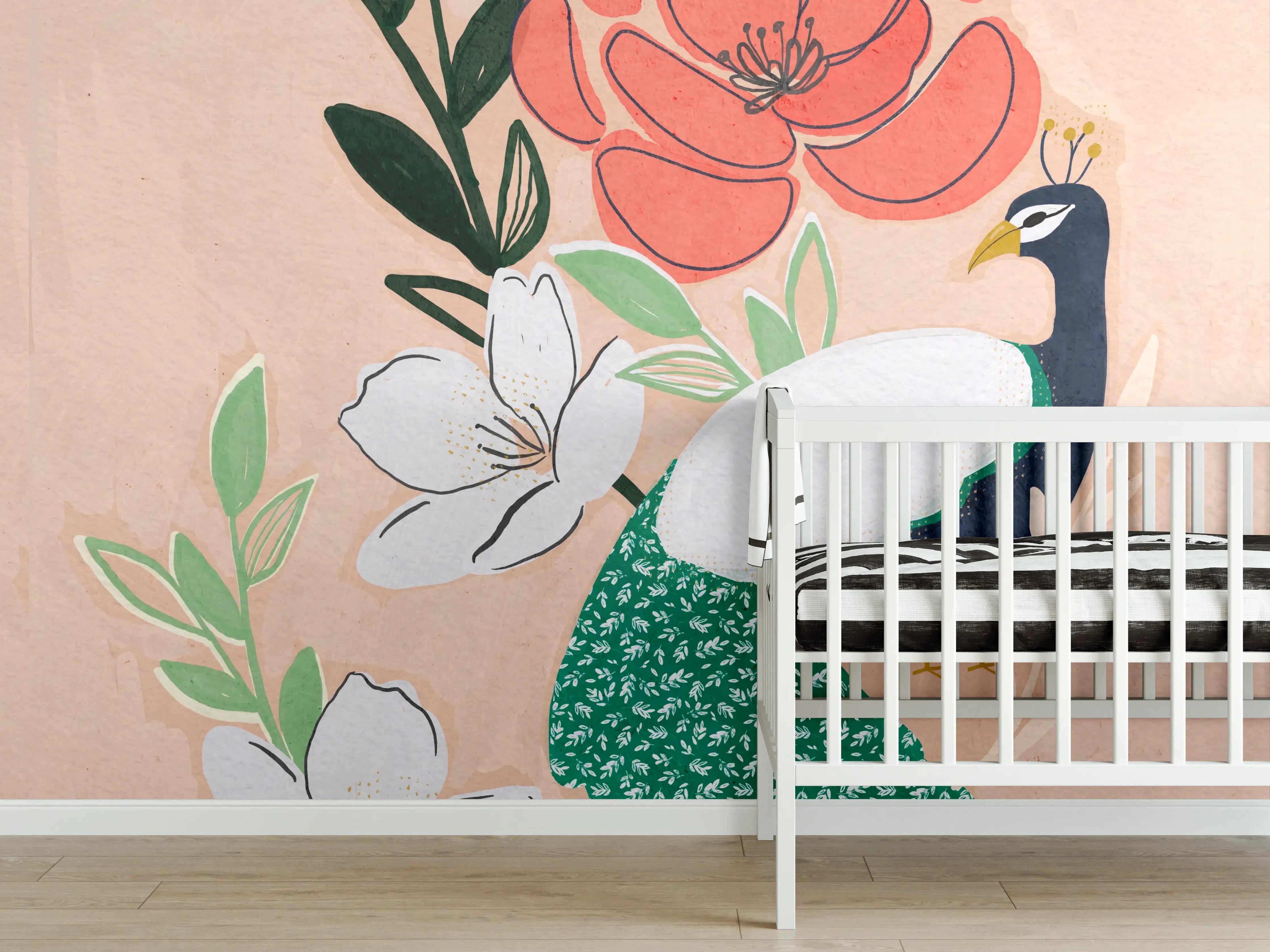 Babyzimmer Wandgestaltung - Blumen, Pfau und Naturmotive in sanften Farben