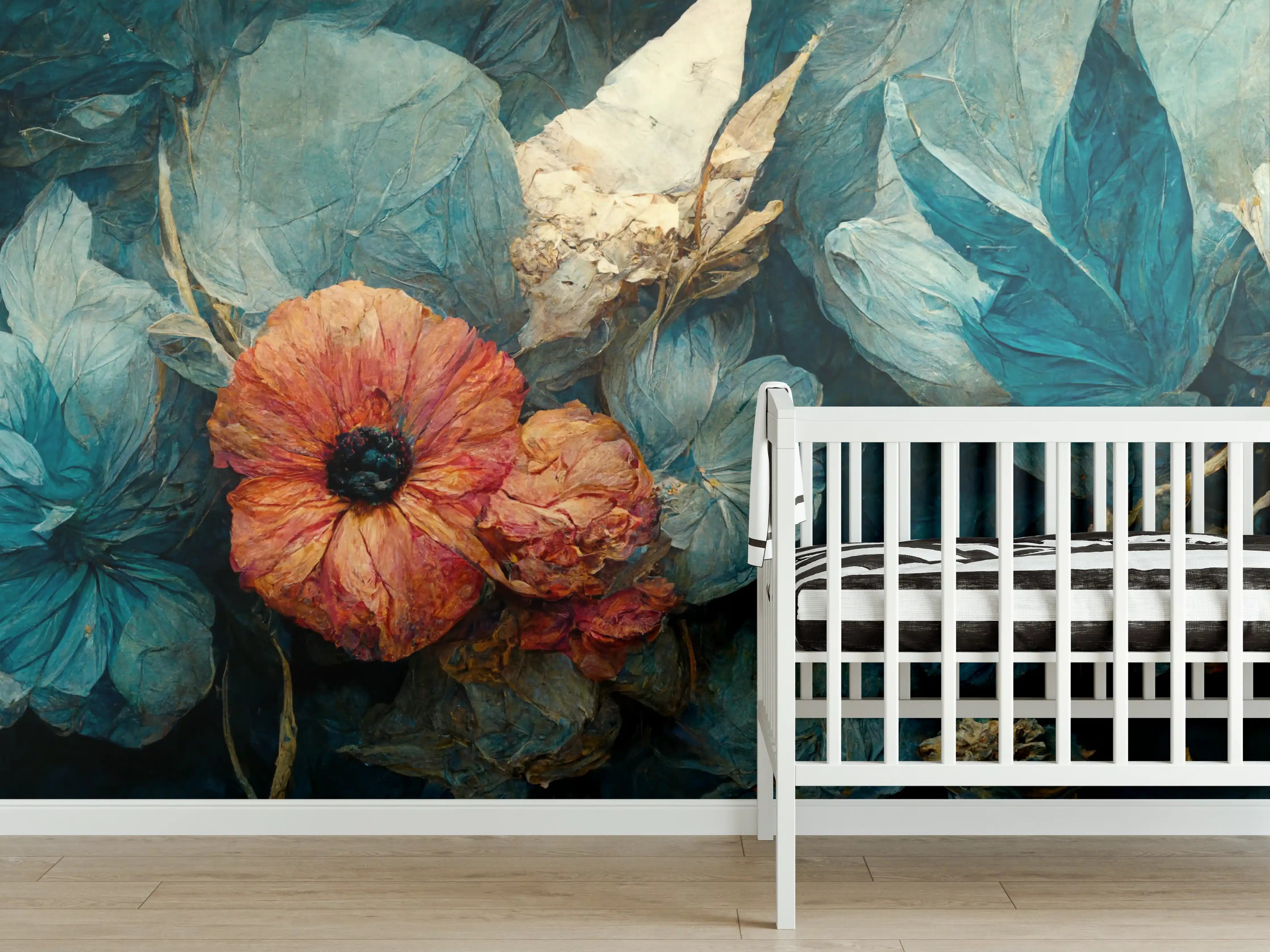 Babyzimmer Wandgestaltung - Blumendetail in Blau und Orange