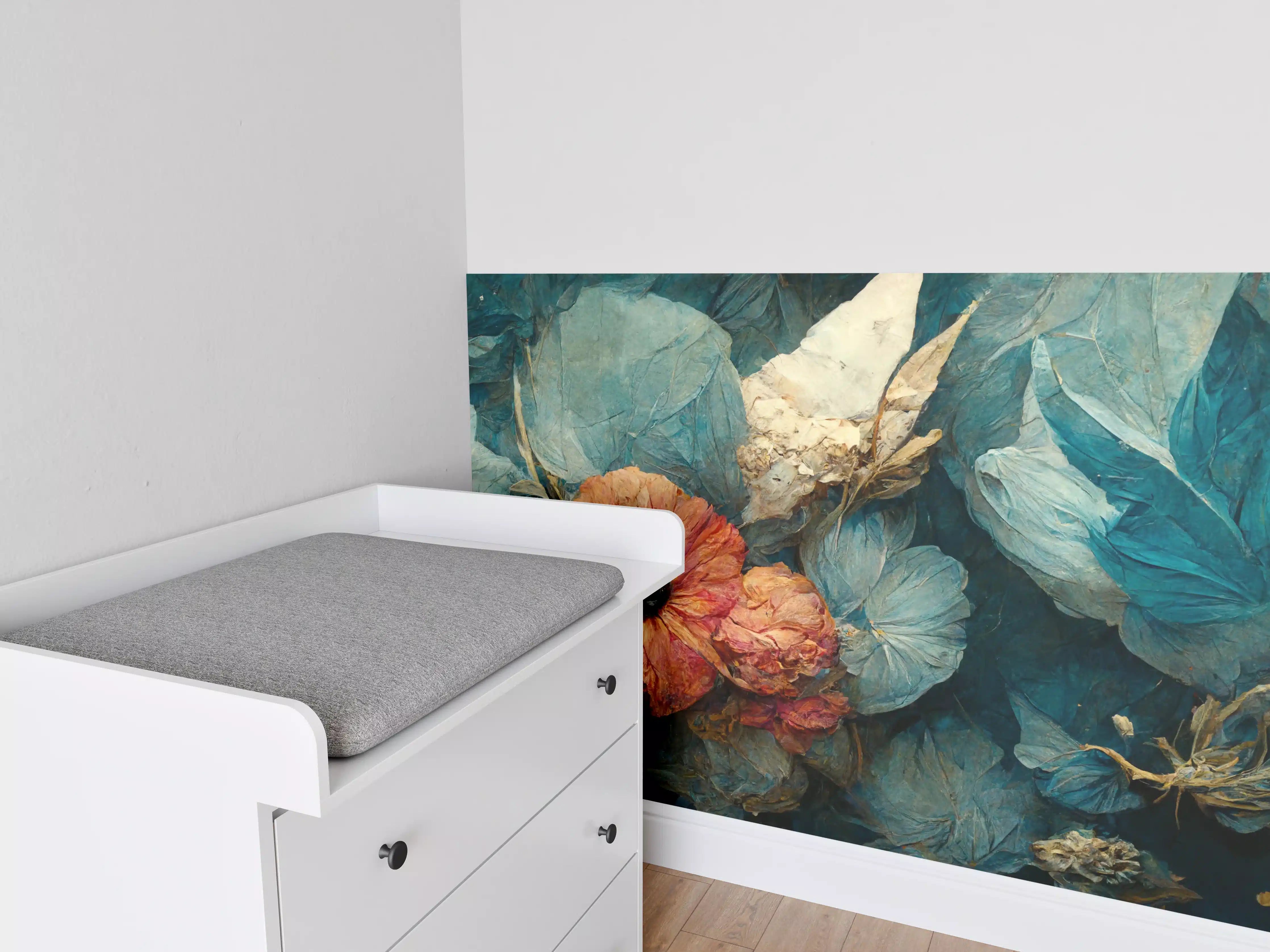 Babyzimmer Wandgestaltung - Blumendetail in Blau und Orange