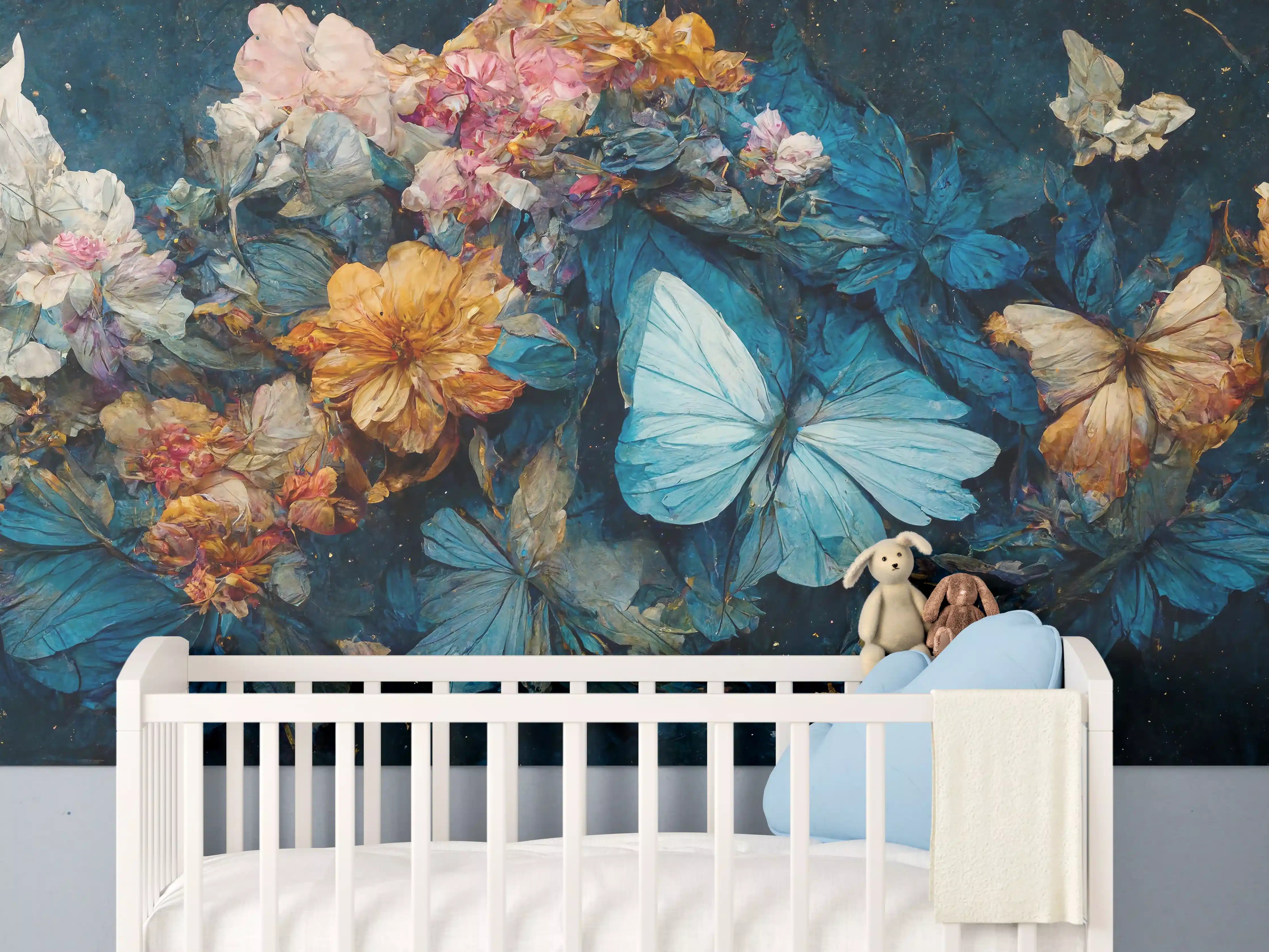 Babyzimmer Wandgestaltung - Blumengirlande mit Schmetterlingen