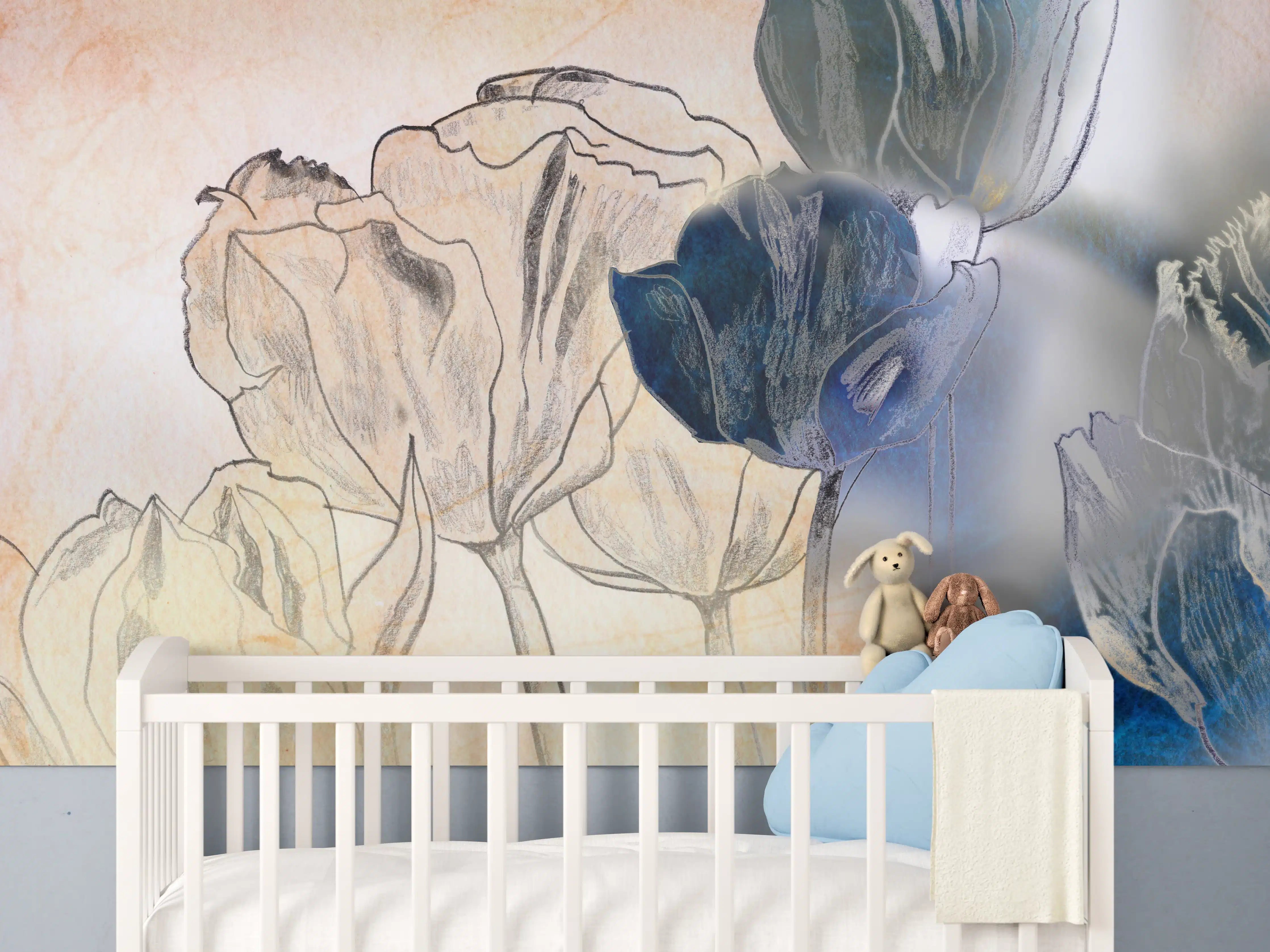 Babyzimmer Wandgestaltung - Blumenillustration in sanften Tönen mit blauen Akzenten