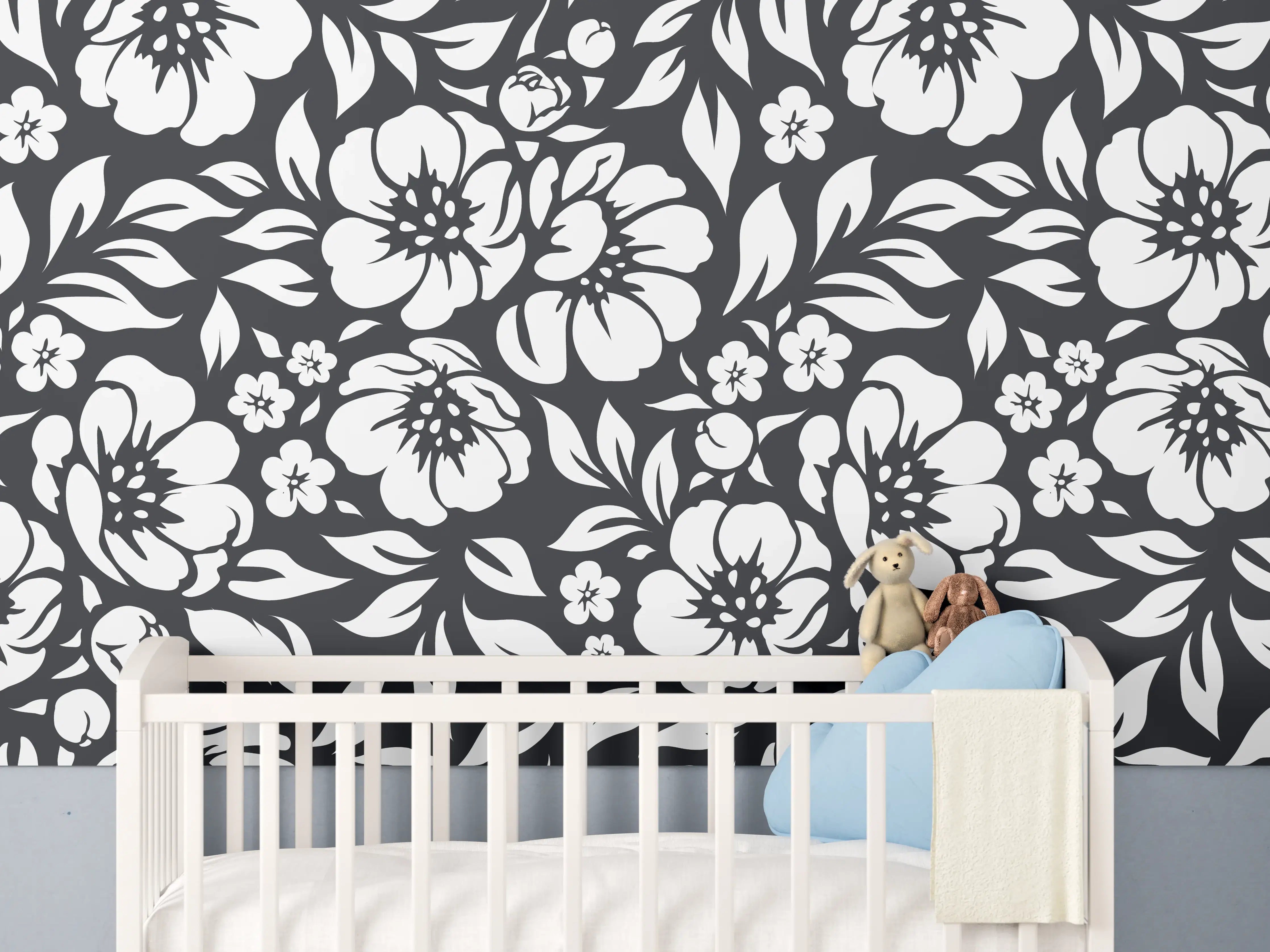 Babyzimmer Wandgestaltung - Blumenmuster Schwarz-Weiß