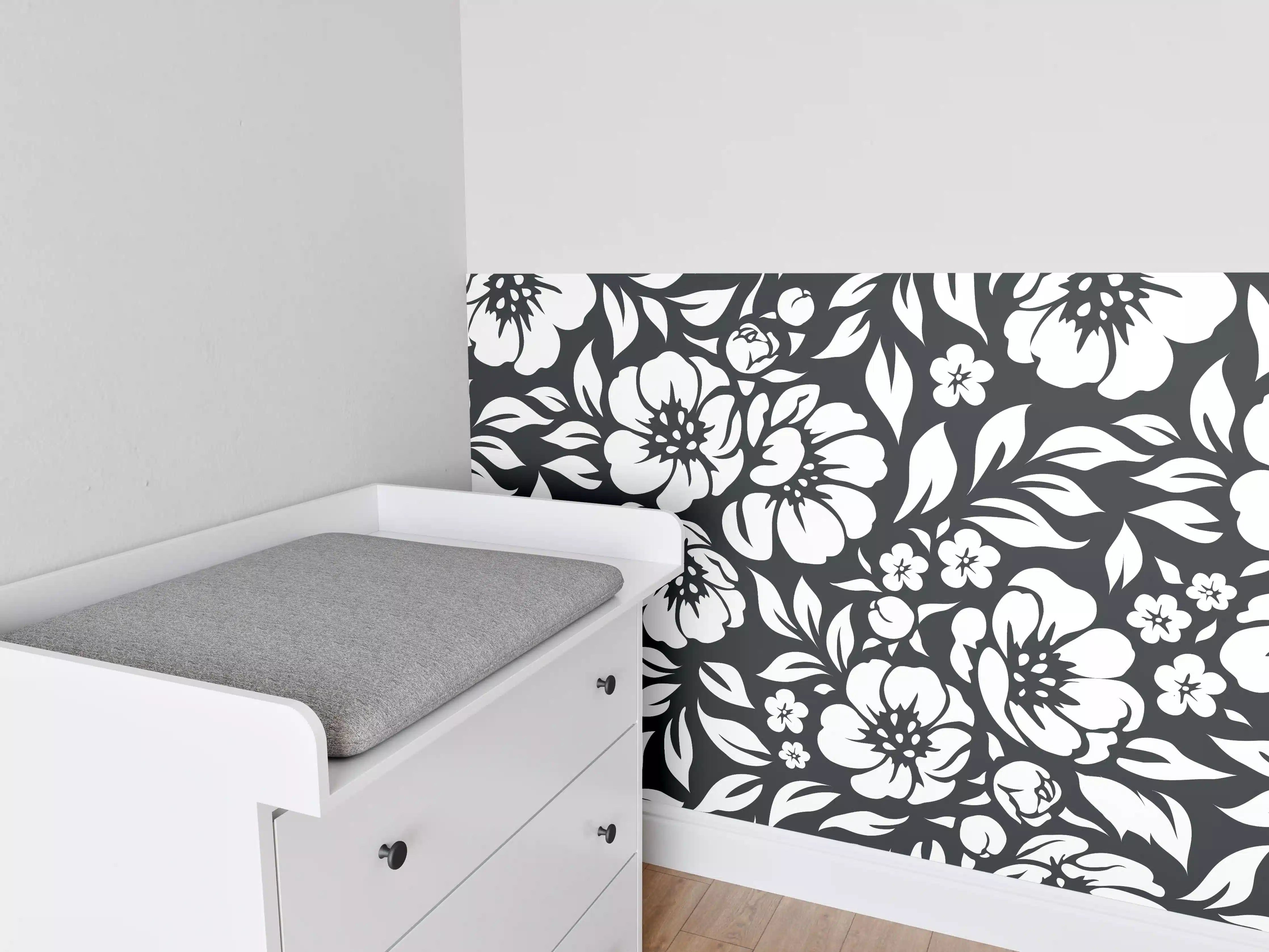 Babyzimmer Wandgestaltung - Blumenmuster Schwarz-Weiß