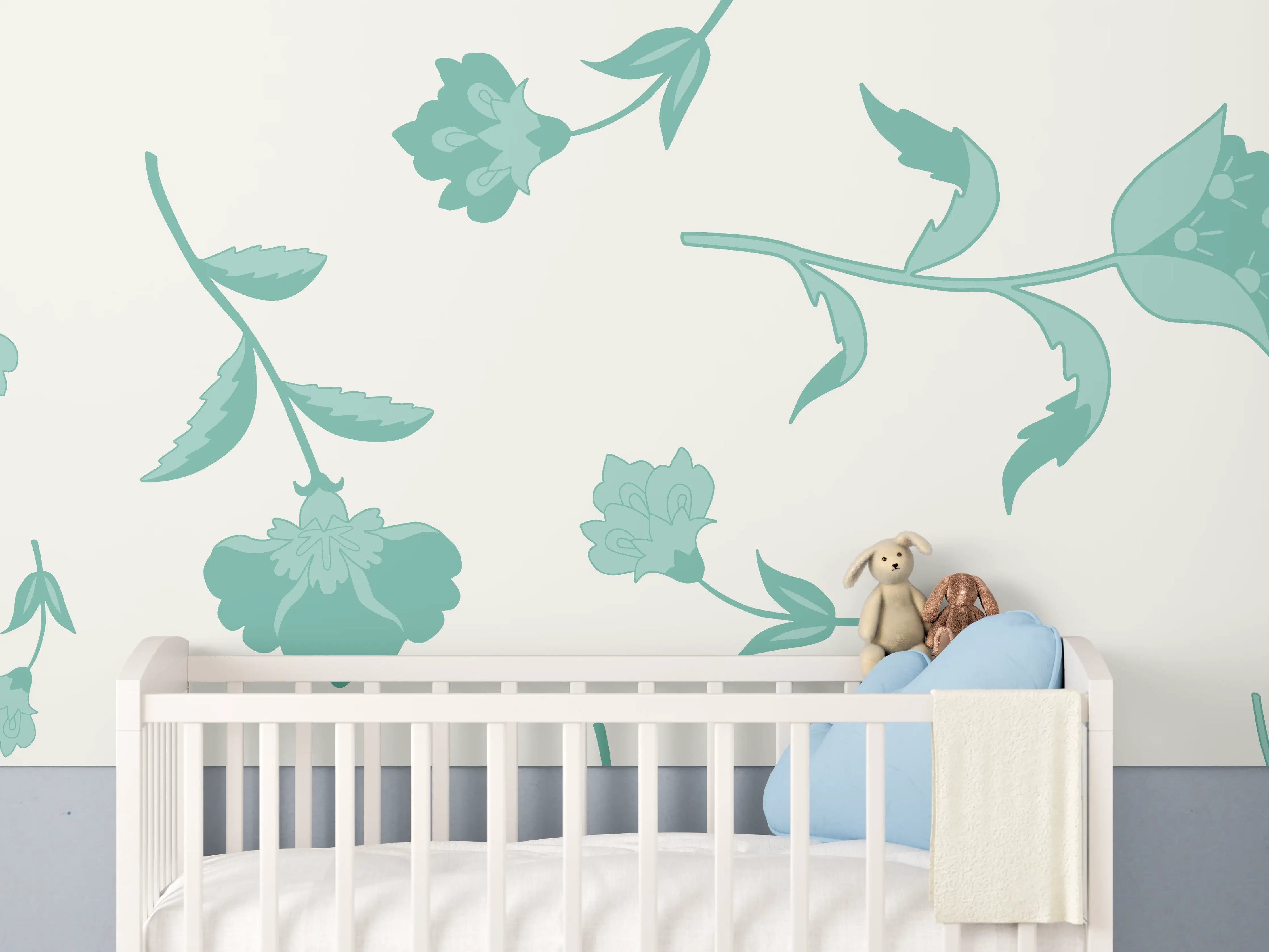Babyzimmer Wandgestaltung - Blumenmuster Türkis-Weiß