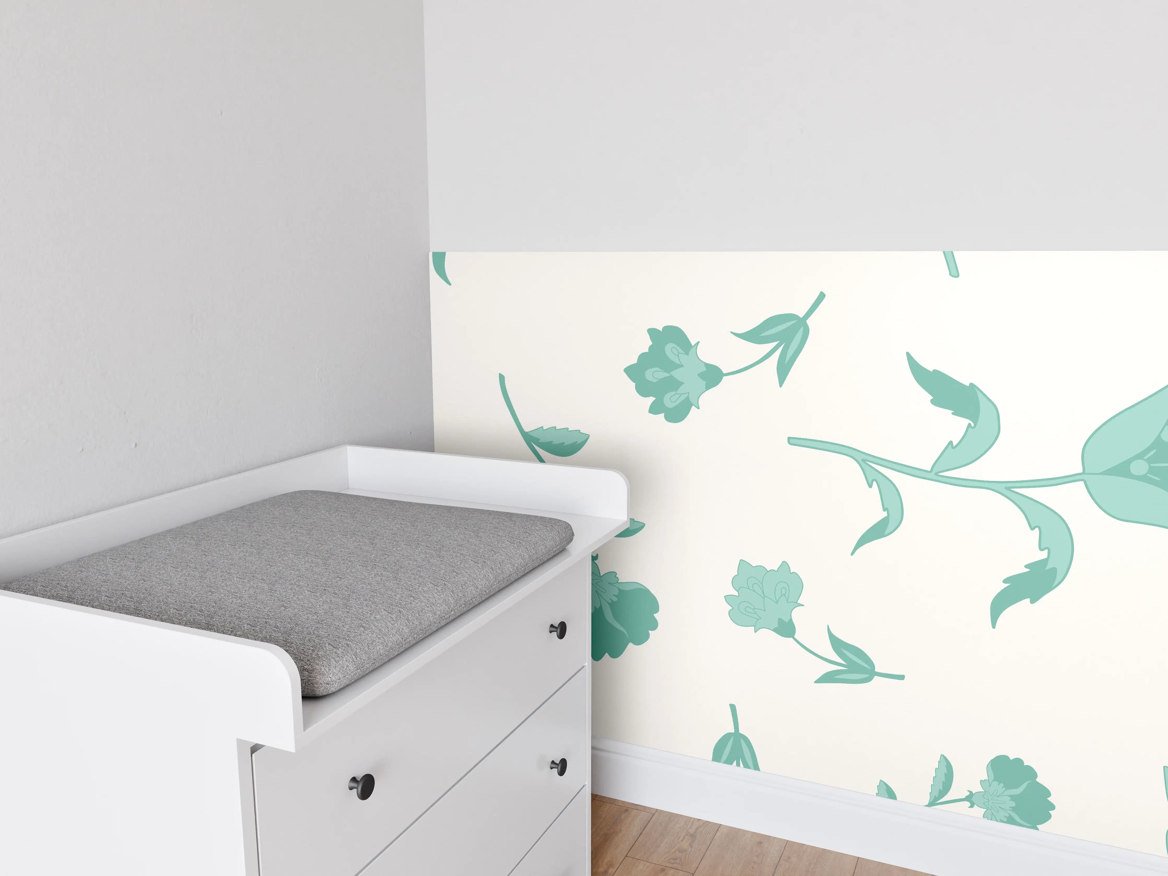 Babyzimmer Wandgestaltung - Blumenmuster Türkis-Weiß