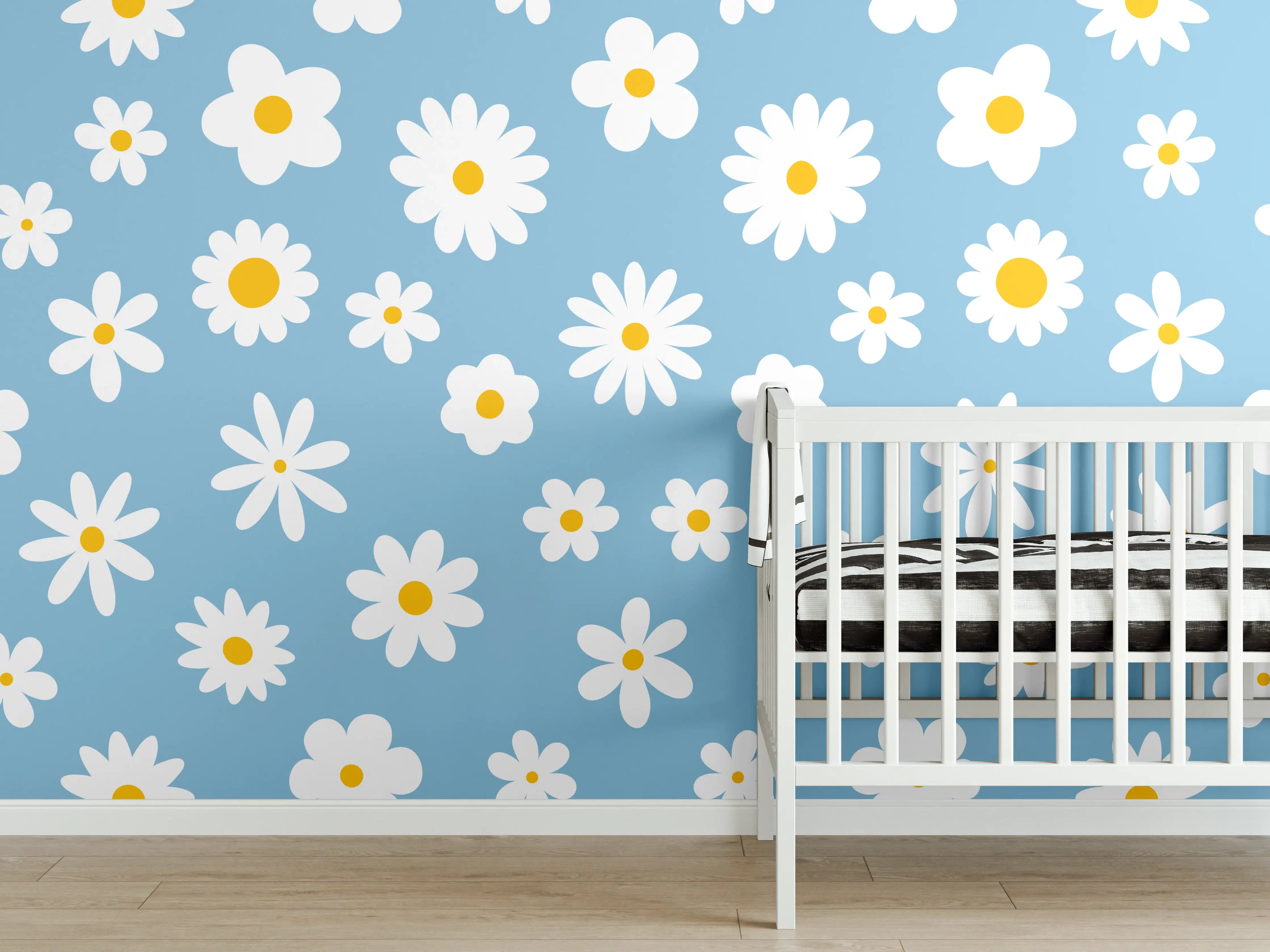Babyzimmer Wandgestaltung - Blumenmuster auf pastellblauem Hintergrund