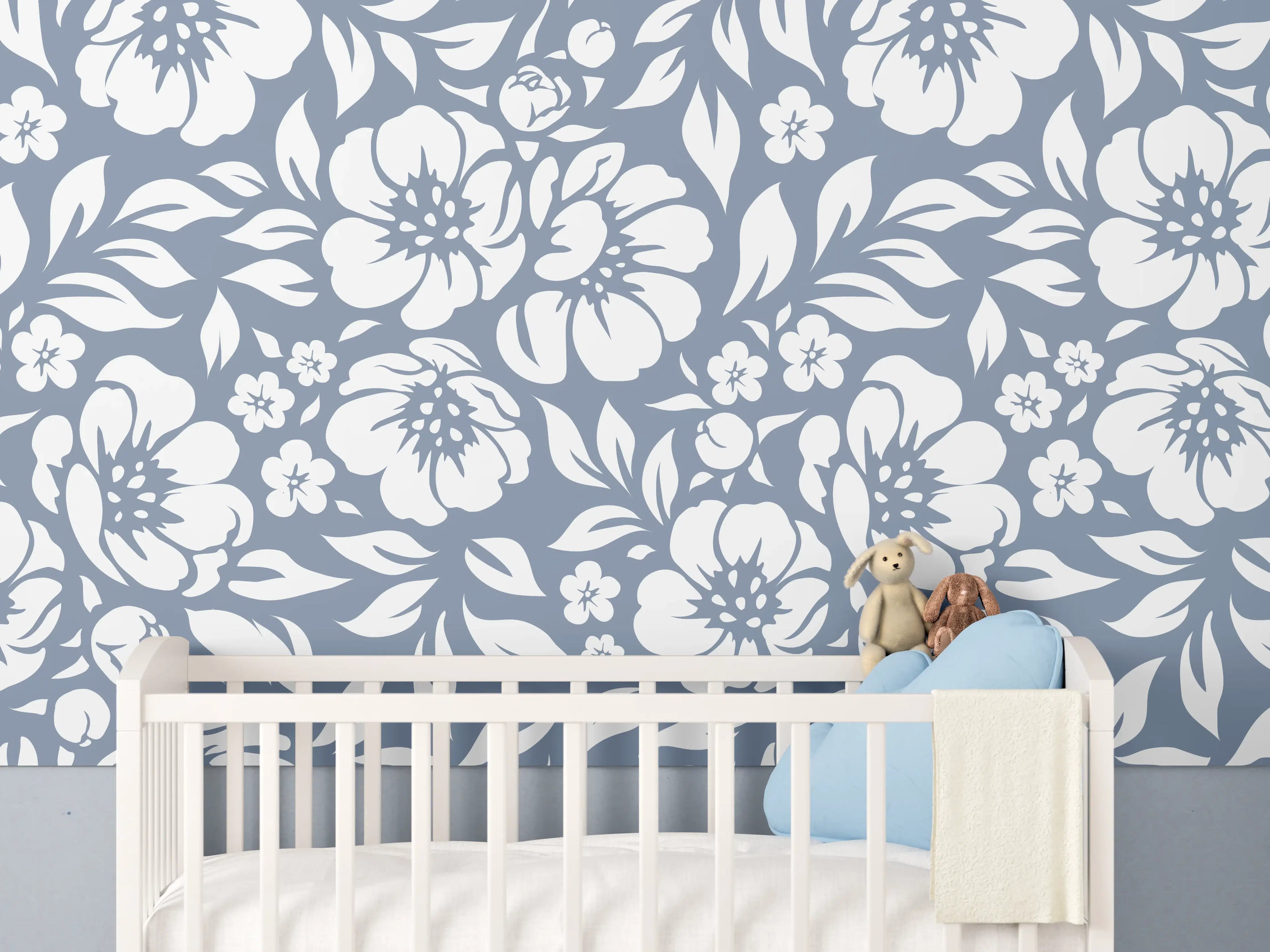 Babyzimmer Wandgestaltung - Blumenmuster in Aqua