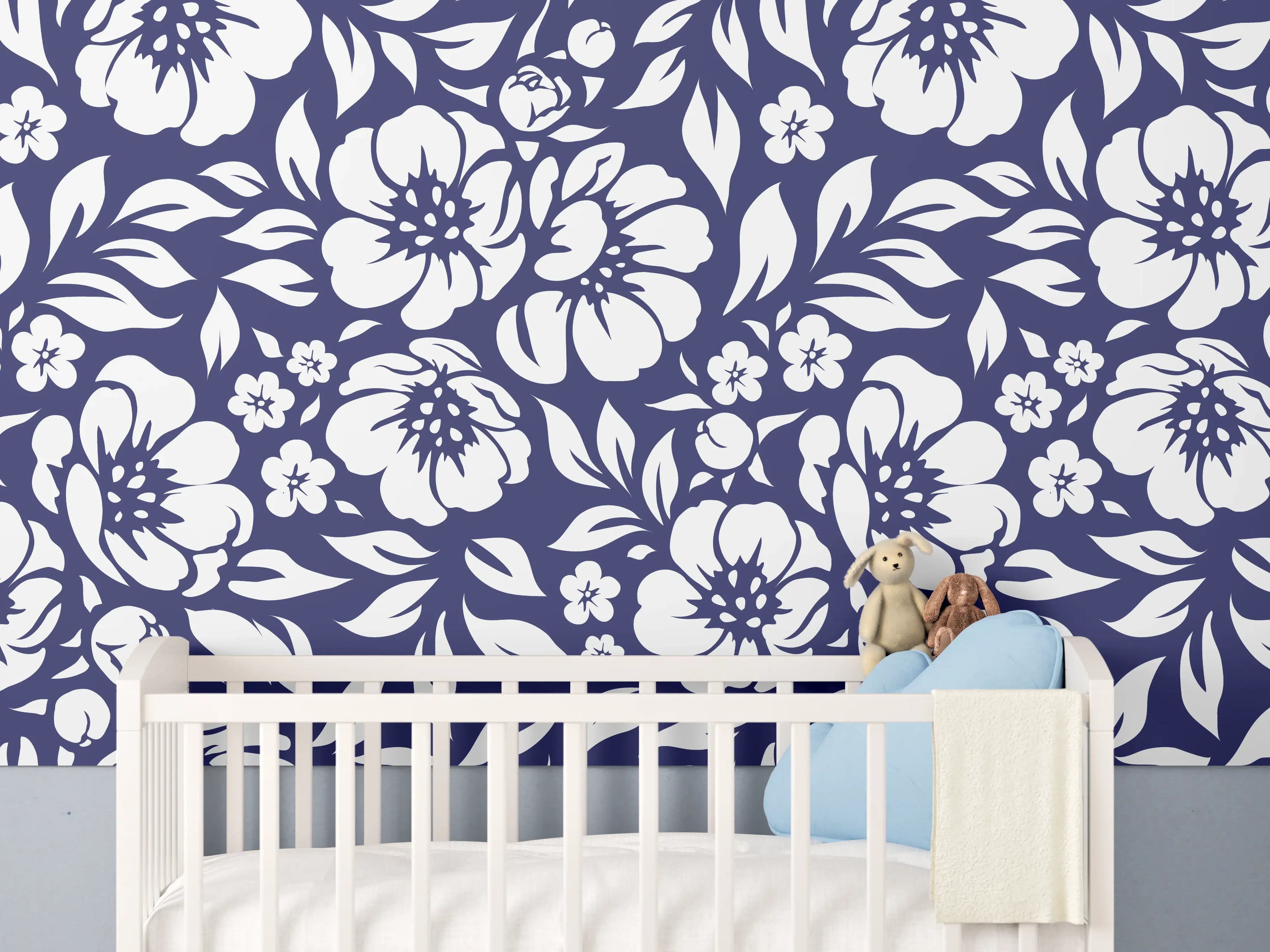 Babyzimmer Wandgestaltung - Blumenmuster in Blau und Weiß