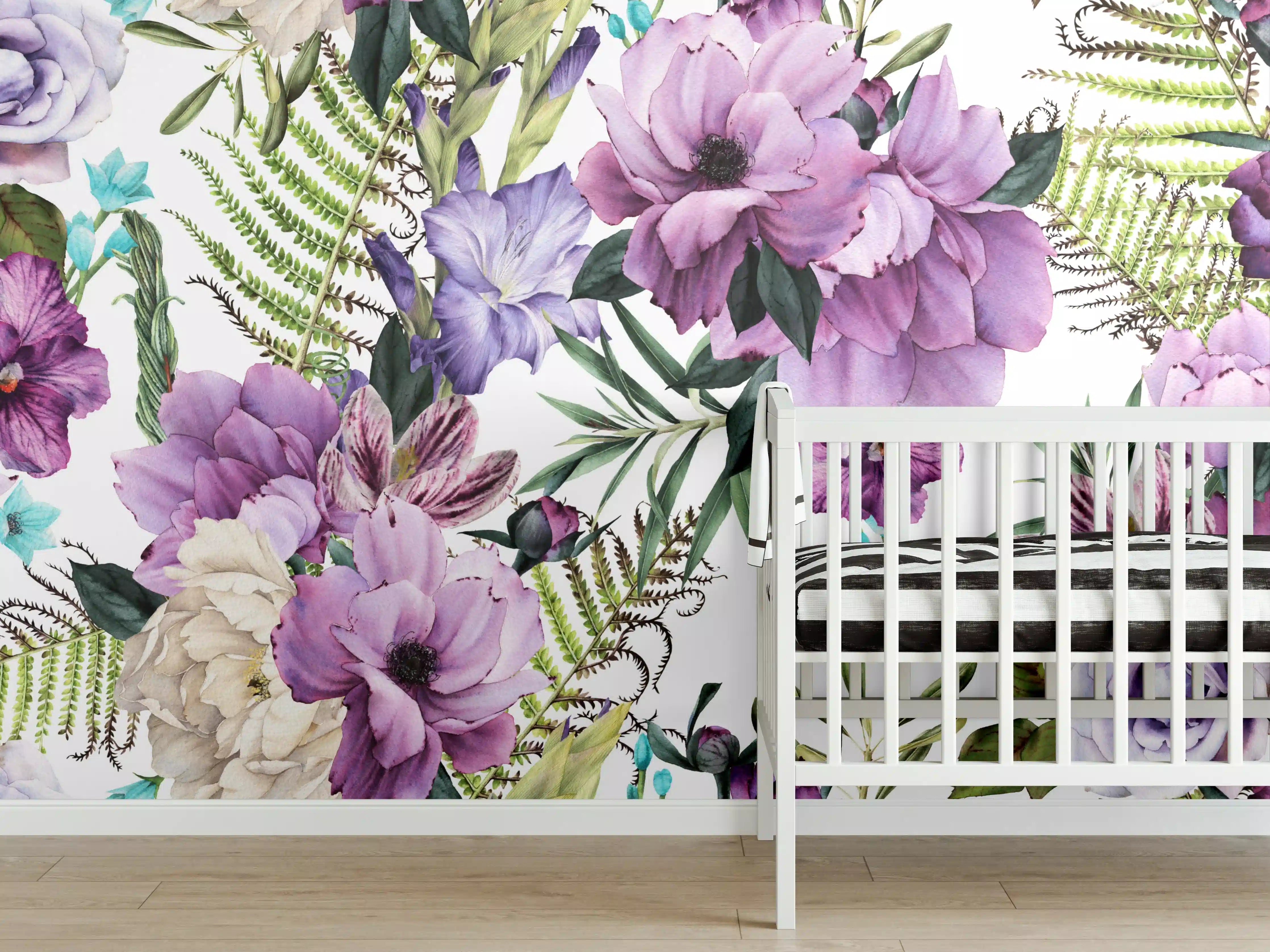 Babyzimmer Wandgestaltung - Blumenmuster in Lila und Grün, Weiße Akzente, Frühlingshaft