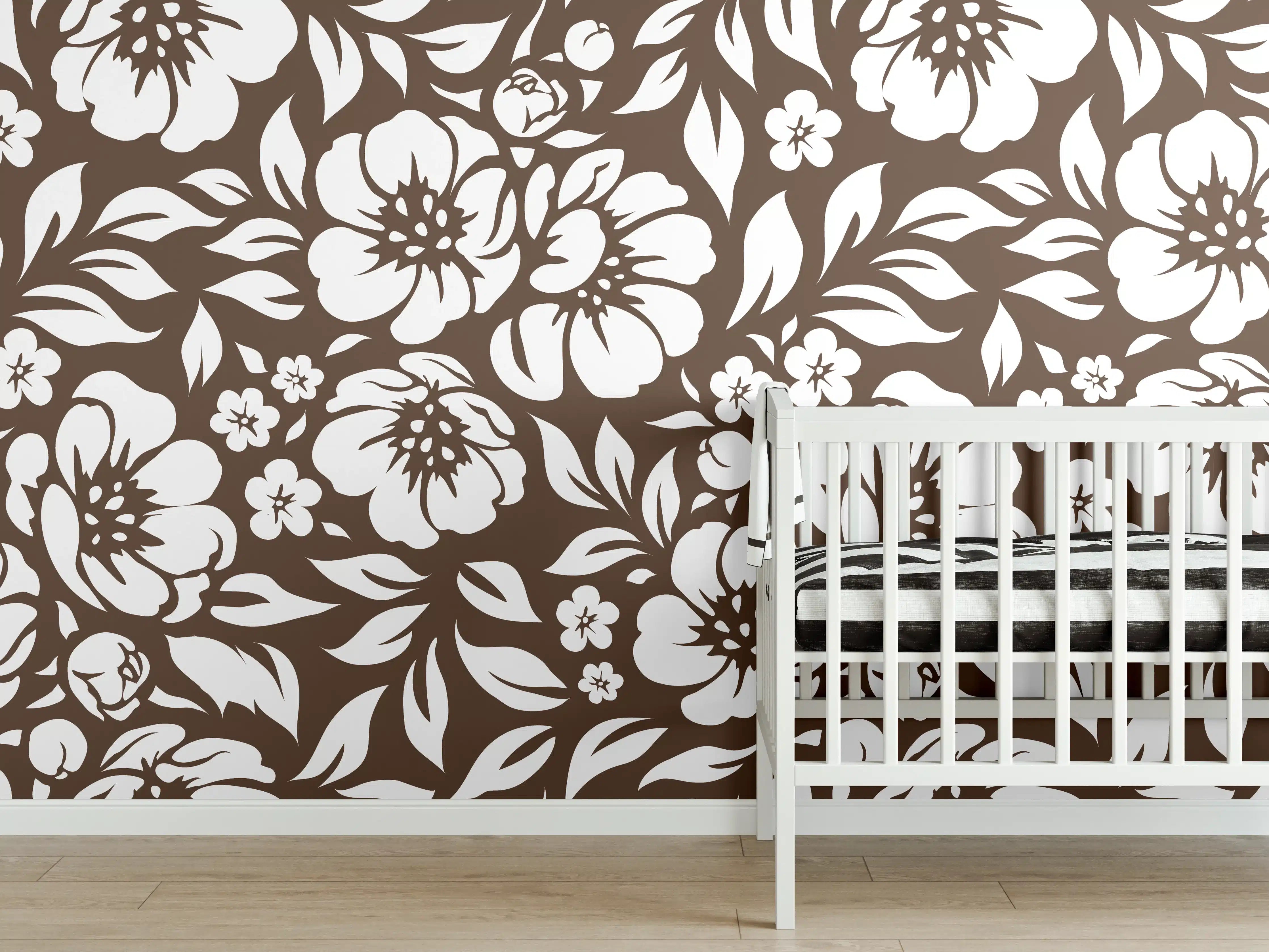 Babyzimmer Wandgestaltung - Blumenmuster mit braunen Akzenten