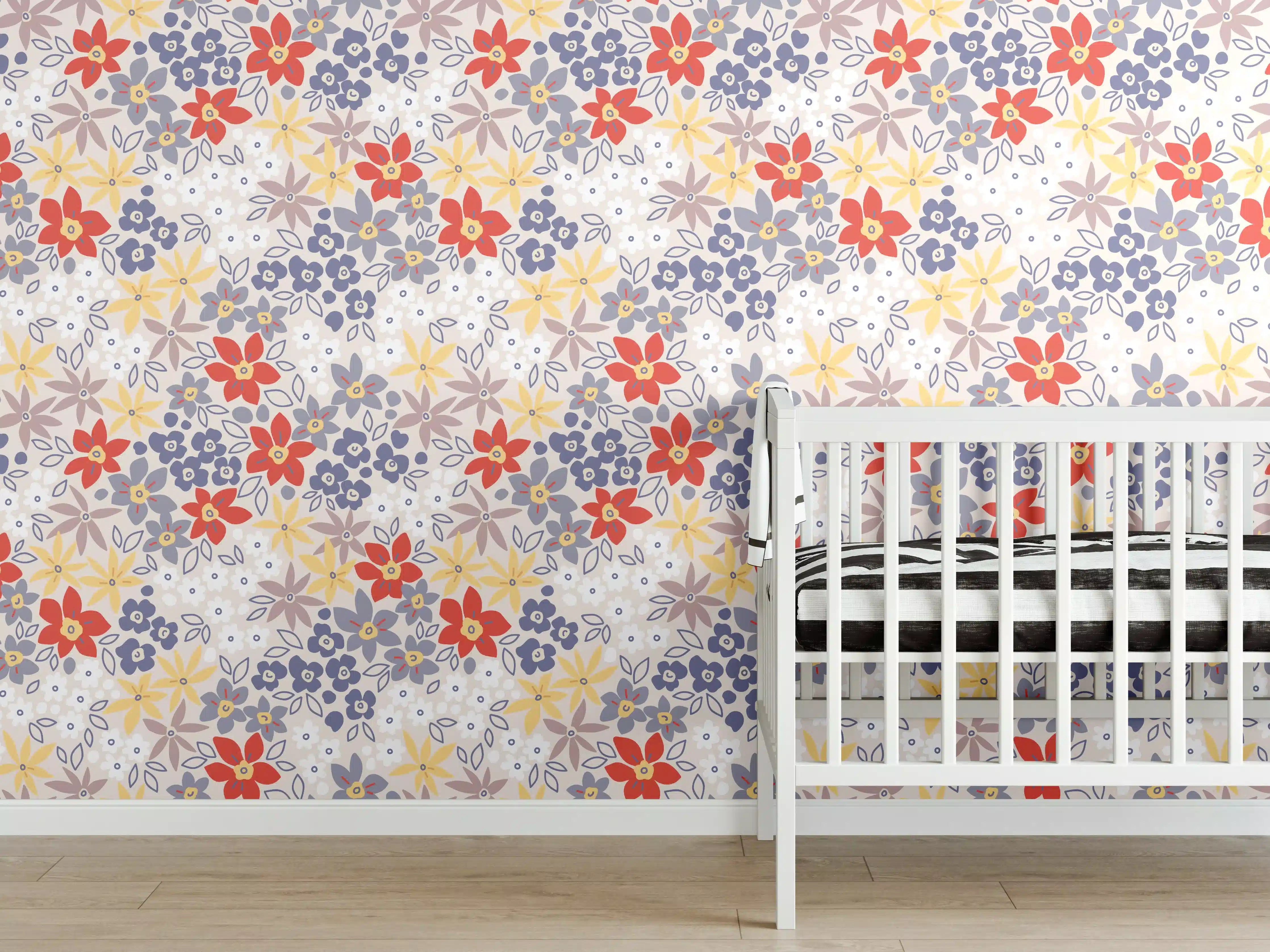 Babyzimmer Wandgestaltung - Blumenmuster mit bunten Farbtönen
