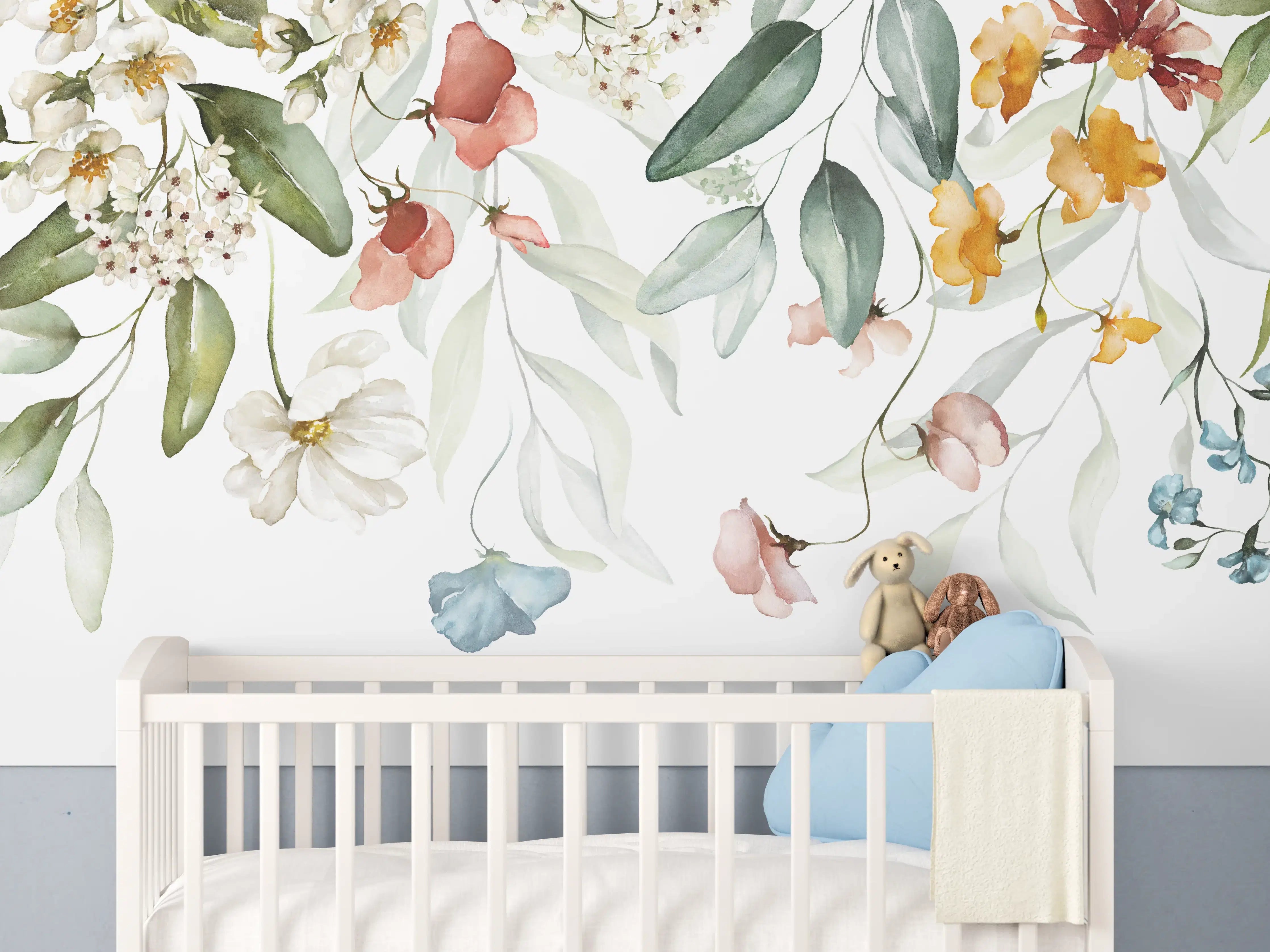 Babyzimmer Wandgestaltung - Blumenstrauß-Bordüre auf weißem Grund