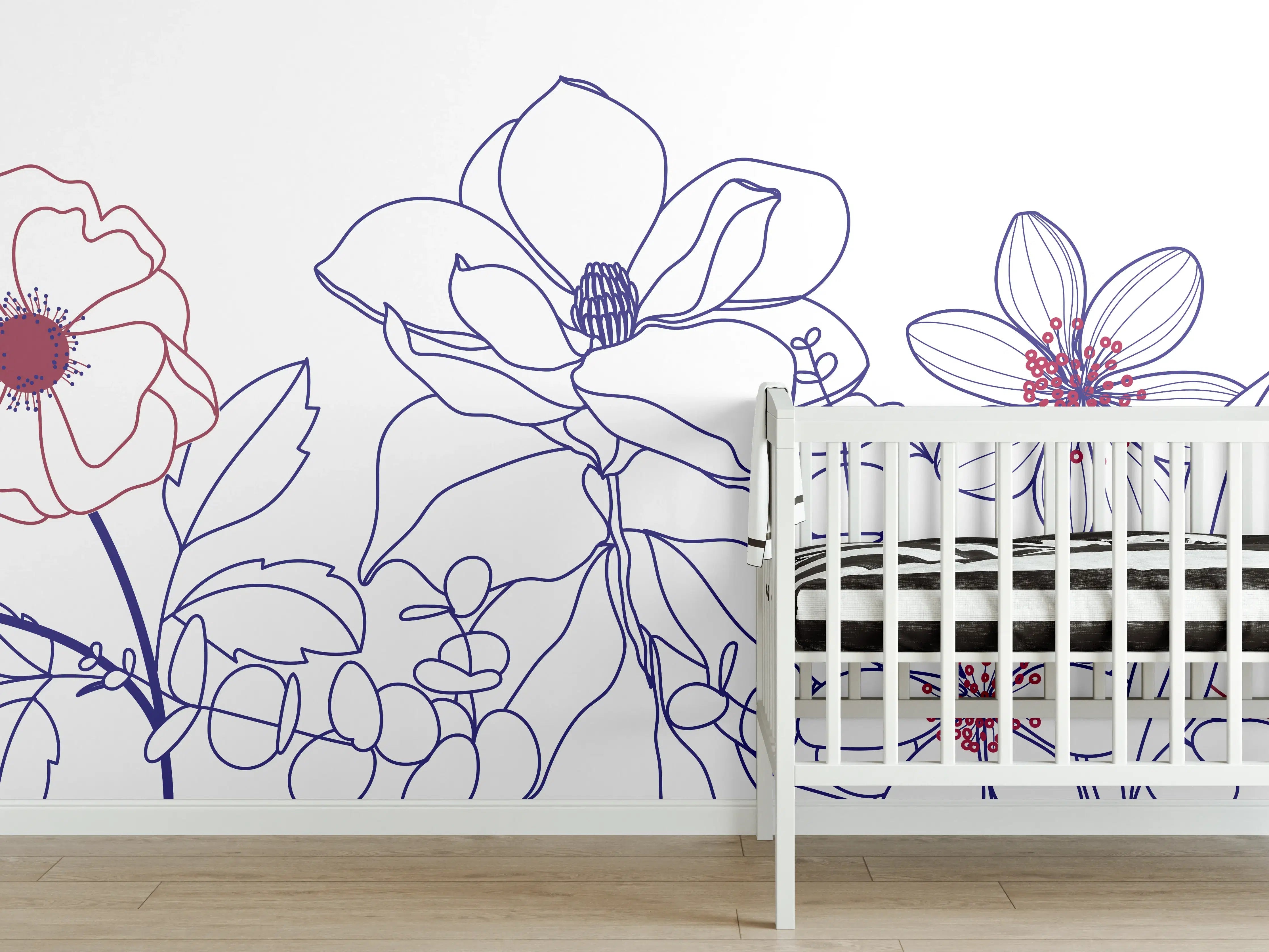 Babyzimmer Wandgestaltung - Blumenstrauß Linienzeichnung Wanddekor