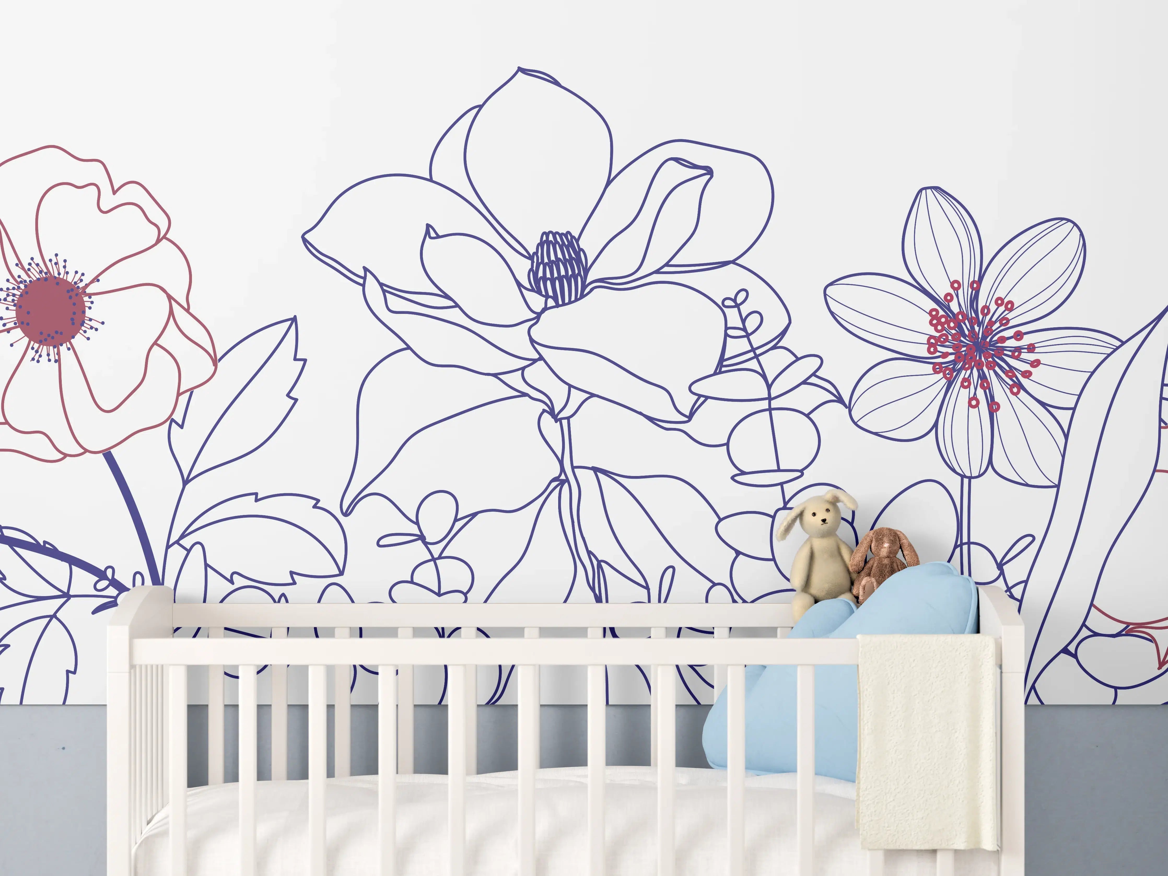 Babyzimmer Wandgestaltung - Blumenstrauß Linienzeichnung Wanddekor