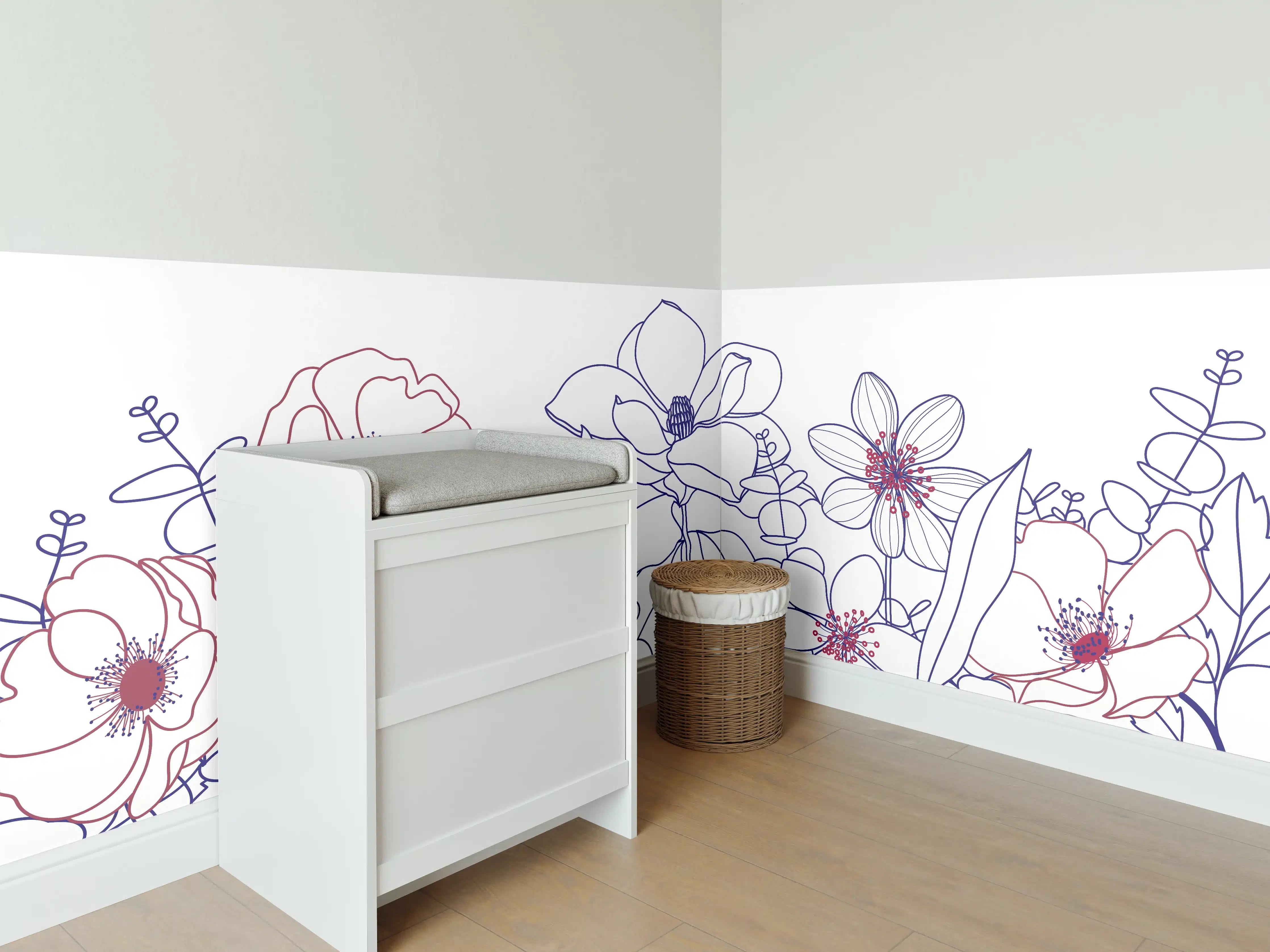 Babyzimmer Wandgestaltung - Blumenstrauß Linienzeichnung Wanddekor